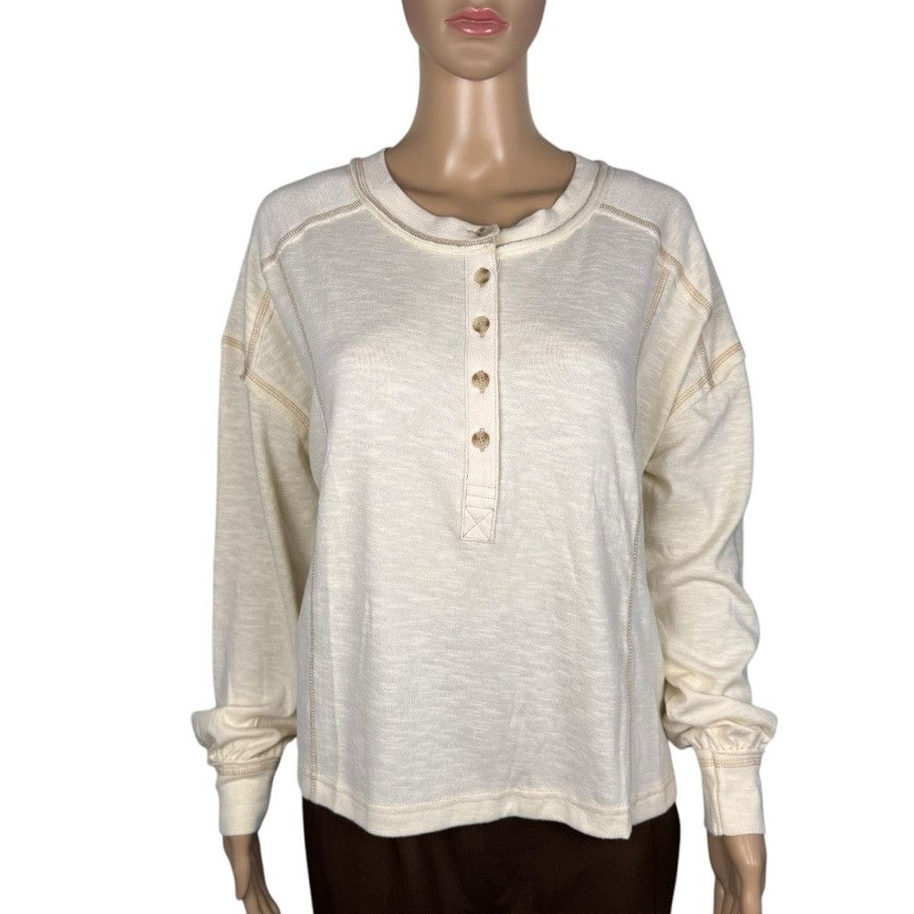 Other NWT New Blu Pepper Contrast Stitch Long Sleeve Henley Ivory Size S / US 4 / IT 40 - 3 Thumbnail