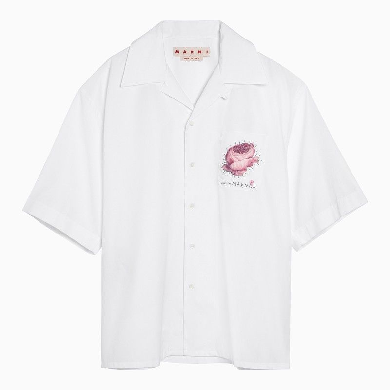 image of Marni White Cotton Bowling Shirt With Flower Applique, Men's (Size Large)