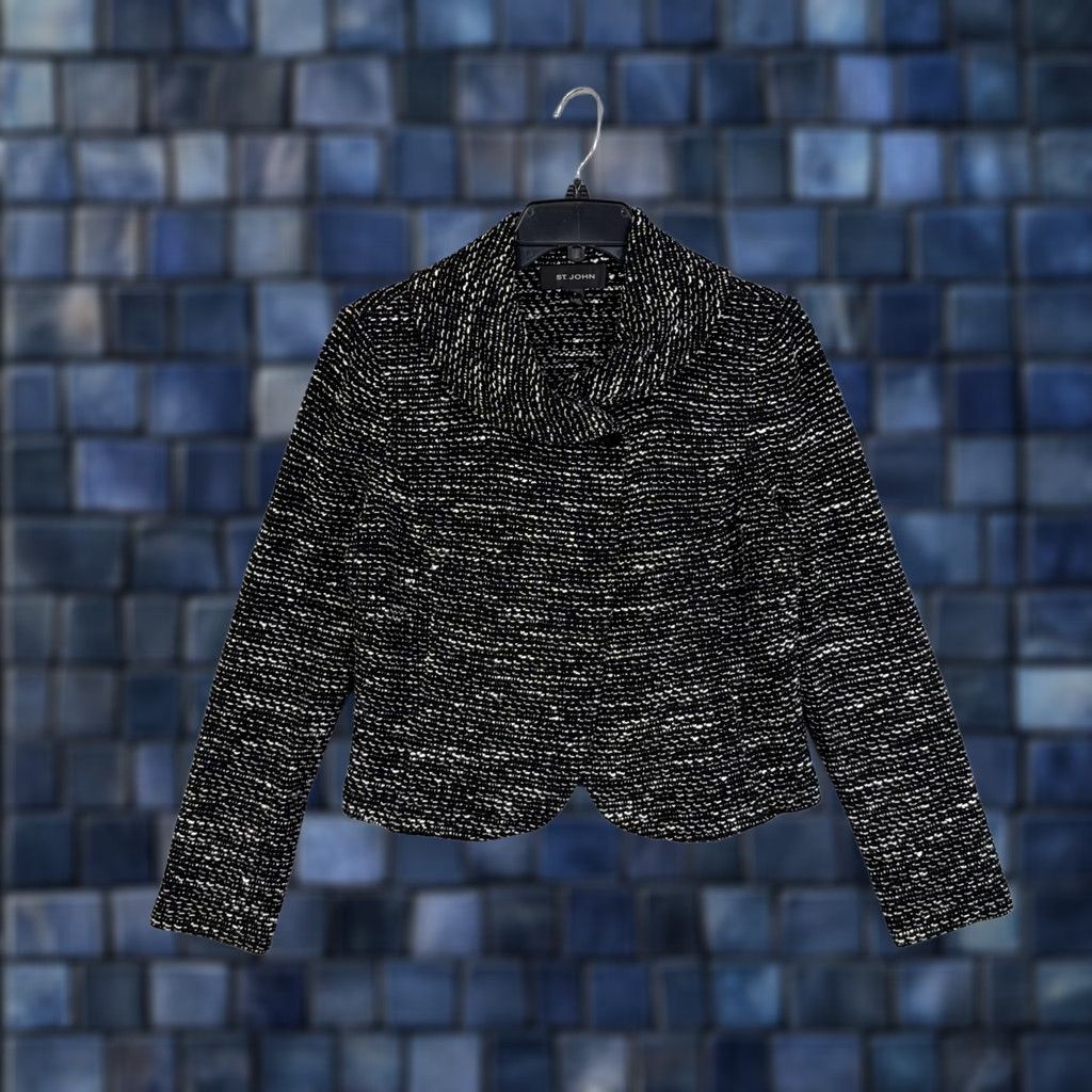 St. John St. John Blazer Womens 8 Black White Knit Shawl Collar Button Short Wool Blend Jacket Sweater Size M / US 6-8 / IT 42-44 - 1 Thumbnail