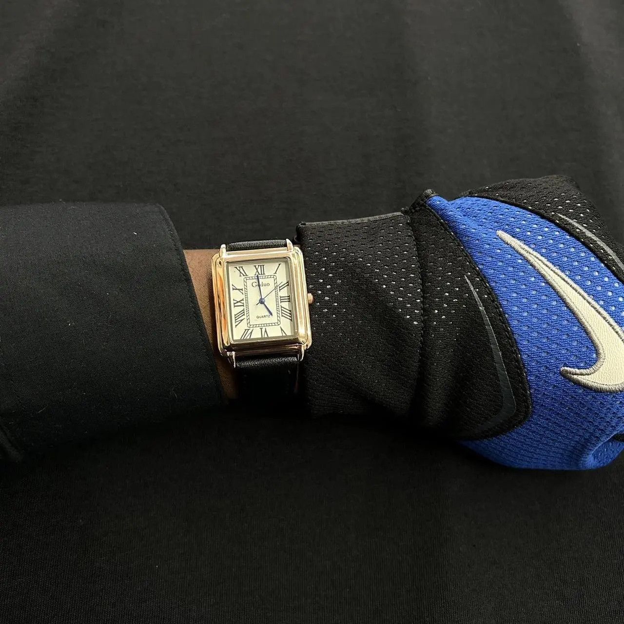 Archival Clothing x Vintage 2000S Style Rectangular Quartz Tank Leather Watch in Black, Men's