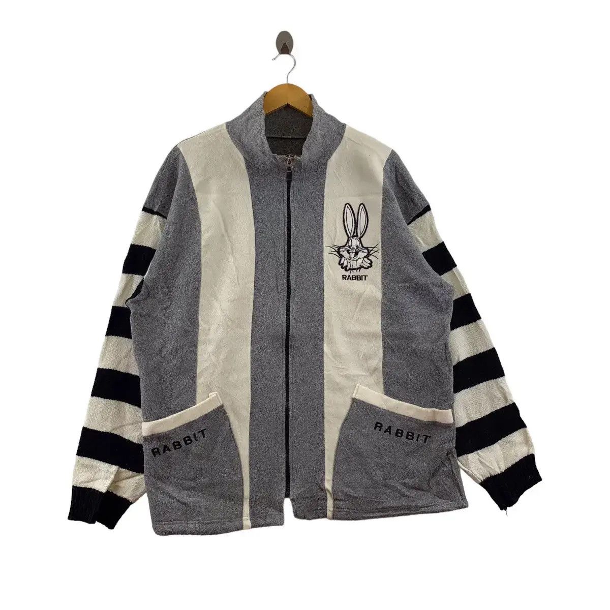 Vintage RABBIT CARTOON COMIC Striped Fleece Jacket