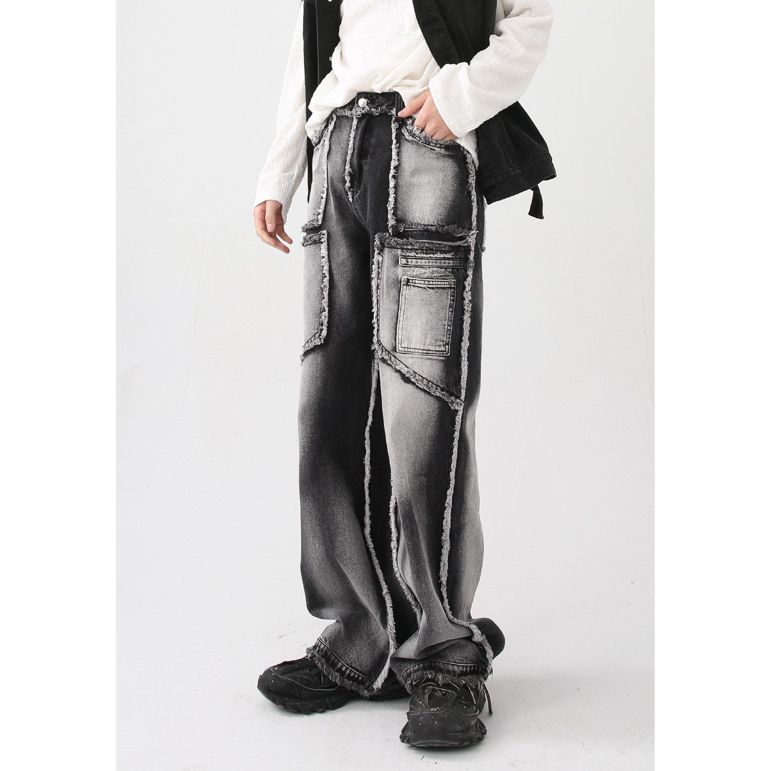 Japanese Brand × Jean Retro straight leg patchwork fringed jeans Size US 32 / EU 48 - 1 Thumbnail