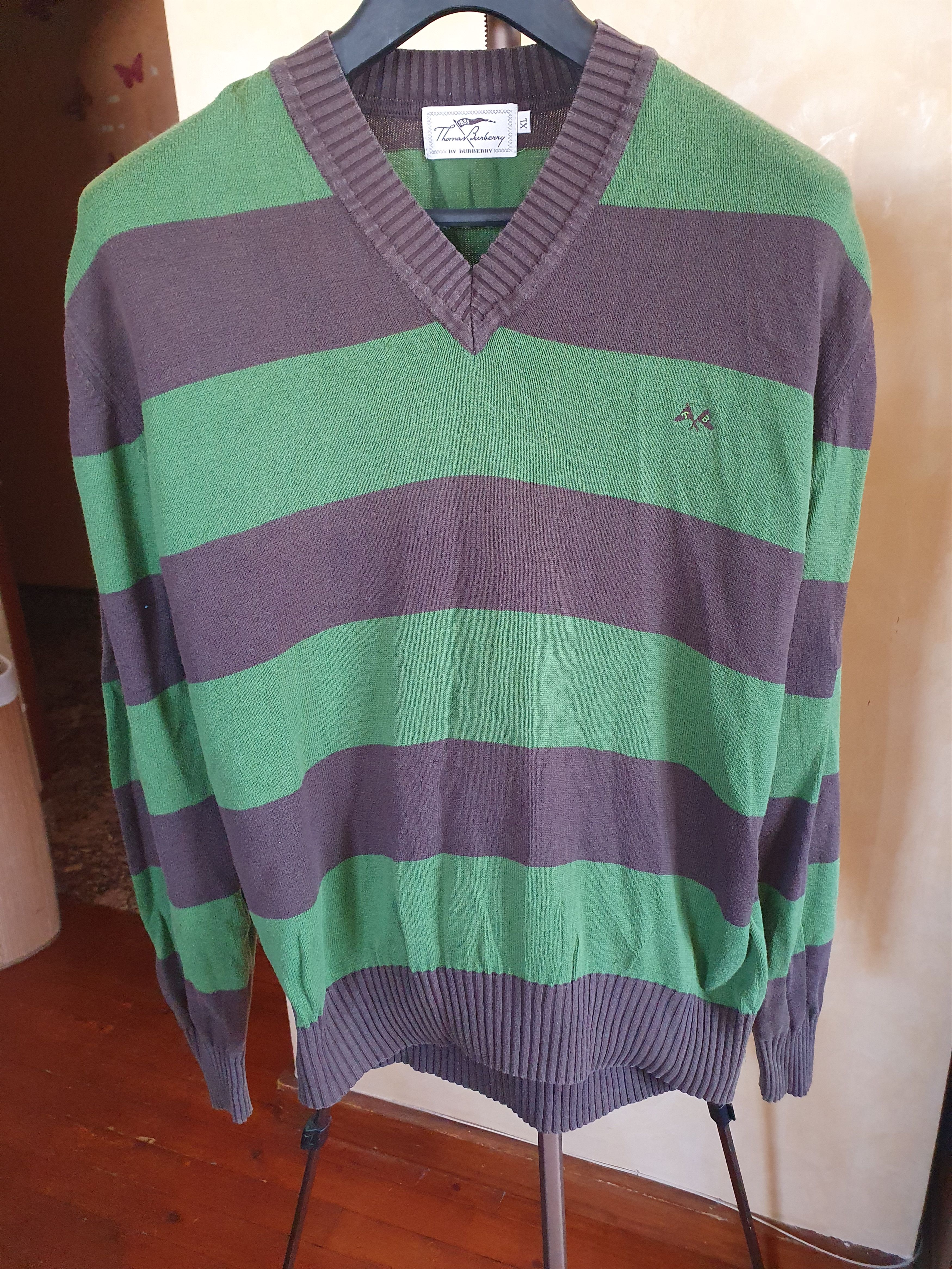 Burberry × Vintage Thomas Burberry Sweater Vintage Striped V Neck sz L? Size US L / EU 52-54 / 3 - 5 Thumbnail
