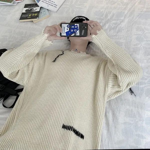 VIBE Korean fashion beige distressed knit sweater knitwear Size US L / EU 52-54 / 3 - 7 Thumbnail