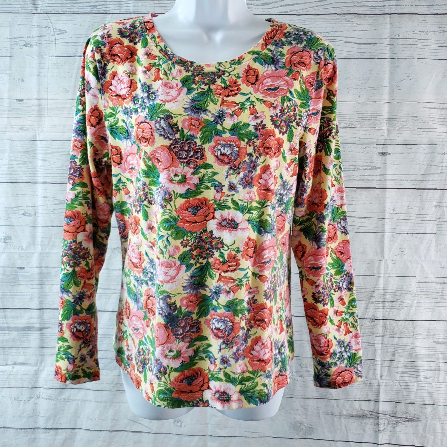 Vintage J. Peterman Womens Long Sleeve Top Sz Small Pink Floral Cotton Blend T-Shirt Size S / US 4 / IT 40 - 2 Thumbnail