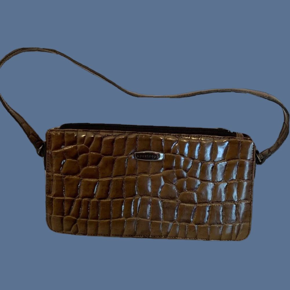 Vintage Apostrophe Purse Brown Patent Embossed Croc Faux Leather Handbag Size ONE SIZE - 1 Thumbnail