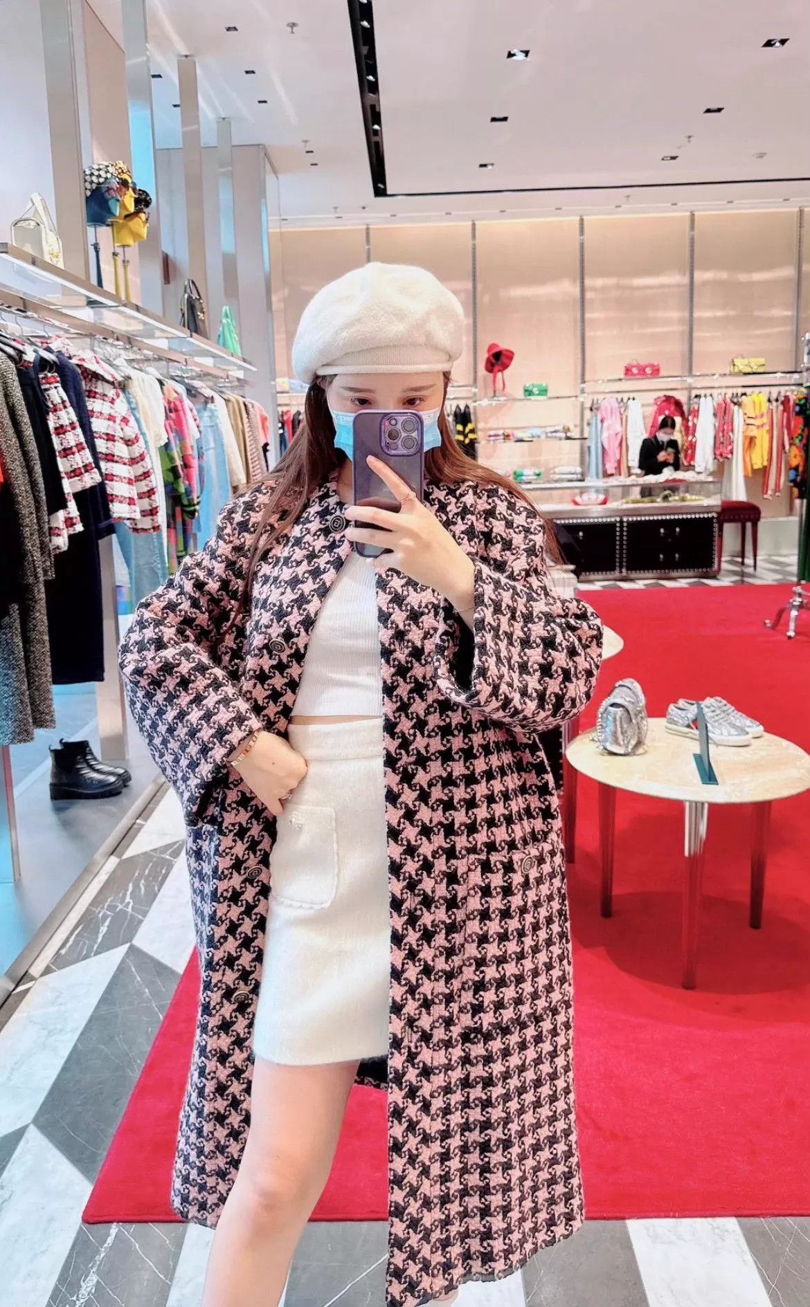 Gucci Gucci Houndstooth Wool Overcoat Pink & Black 34 Size XXS / US 00 / IT 34 - 7 Thumbnail