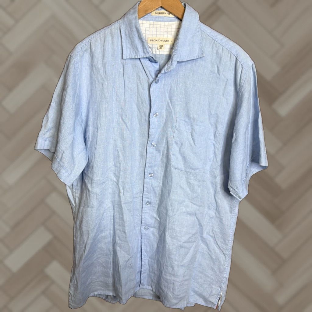 Pronto Uomo Pronto Uomo Men’s Linen Shirt L Blue Short Sleeve Button Front Size US L / EU 52-54 / 3 - 1 Thumbnail