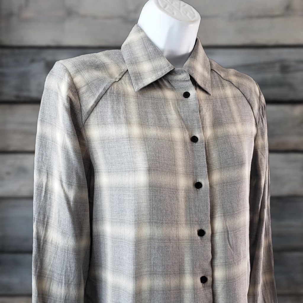 Vintage R+A Womens Button Front Crop Top XS Gray Plaid Long Sleeve Rayon Shirt Size XS / US 0-2 / IT 36-38 - 1 Thumbnail