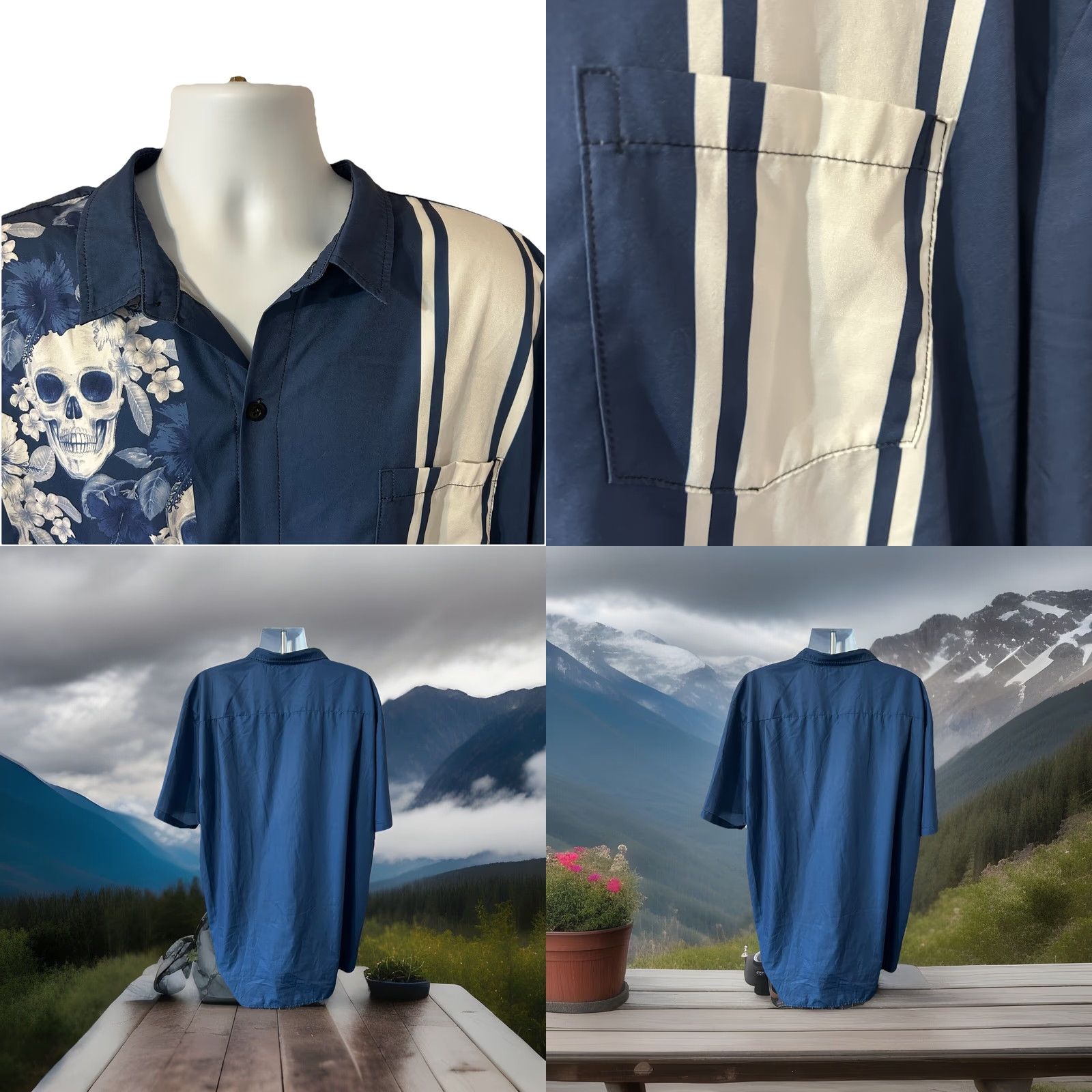 All Blues Hardaddy Skulls Floral Button-Up Shirt Men 3XL Tall Blue White Short Sleeves Size US XXL / EU 58 / 5 - 8 Thumbnail