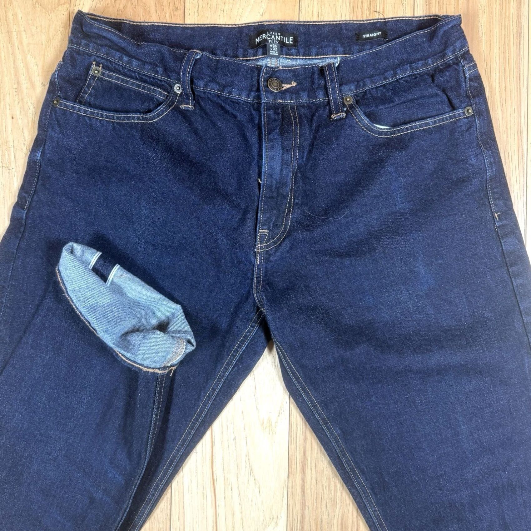 Denime J Crew Mercantile Jeans Mens 32x30 Dark Wash Medium Blue Straight Denim Pants, 34x32 Tag, Regular Size Size US 32 / EU 48 - 2 Thumbnail