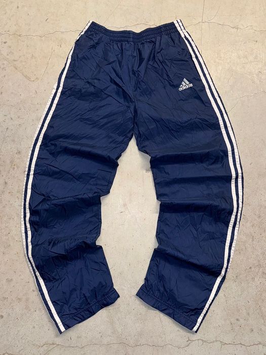 Vintage Adidas Track Pants Navy Blue Nylon Red Spellout Logo Ankle Zippers  80s 