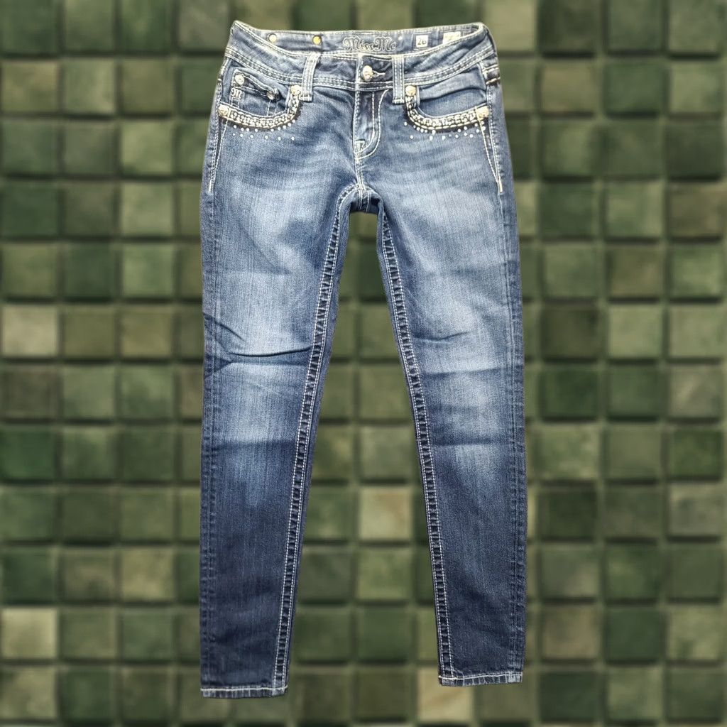 Miss Me Miss Me Jeans Womens 26x30 Skinnty Fit Tapered Leg Embroidered Rhinestone Cowgirlcore Denim Blue 30in Inseam Regular Fit 5-Pocket Womens Jeans Size 26" / US 2 / IT 38 - 1 Thumbnail