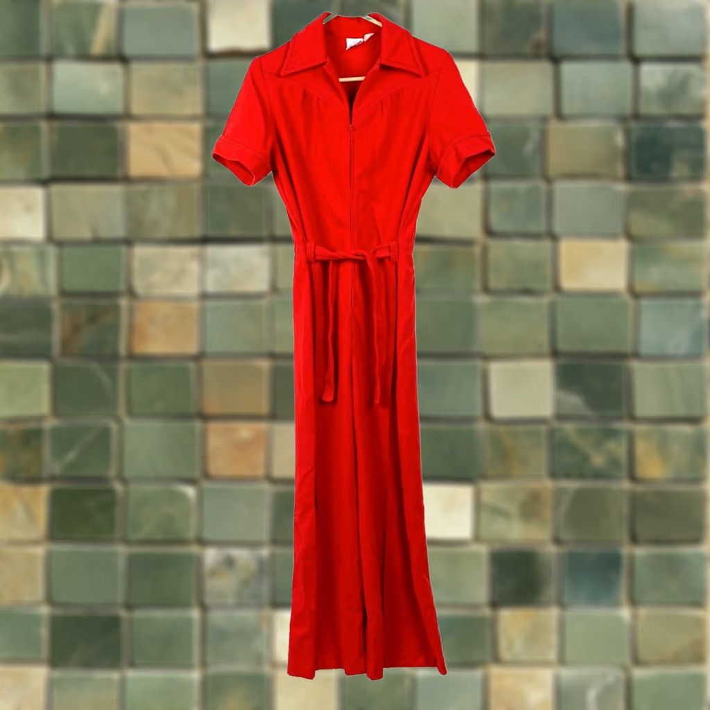 GRAFF VINTAGE Graff Jumpsuit Red Disco Wide Leg Coveralls 70s S/M Womens Small Medium Size 28" / US 6 / IT 42 - 1 Thumbnail