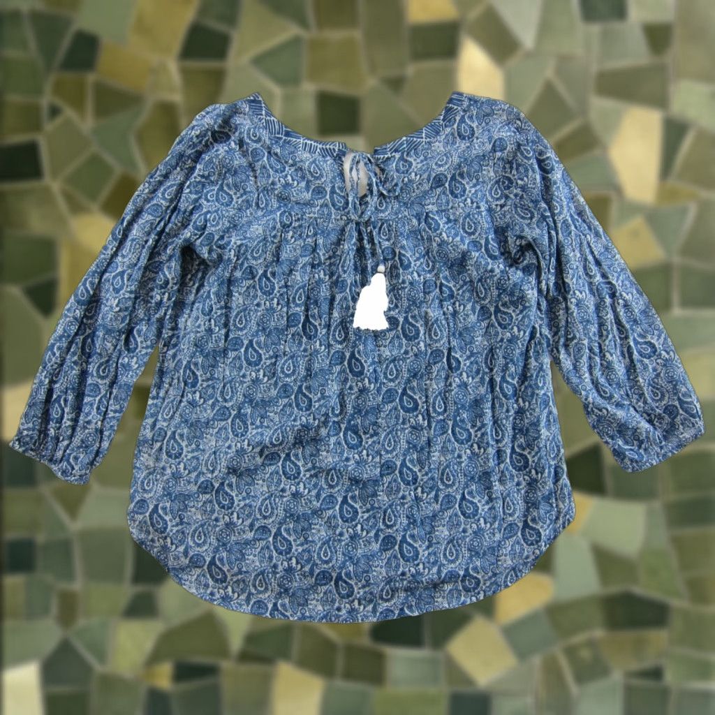 Vintage World Market Blouse 3/4 Sleeve Floral 100% Cotton Lightweight L/XL Blue Women Size L / US 10 / IT 46 - 1 Thumbnail