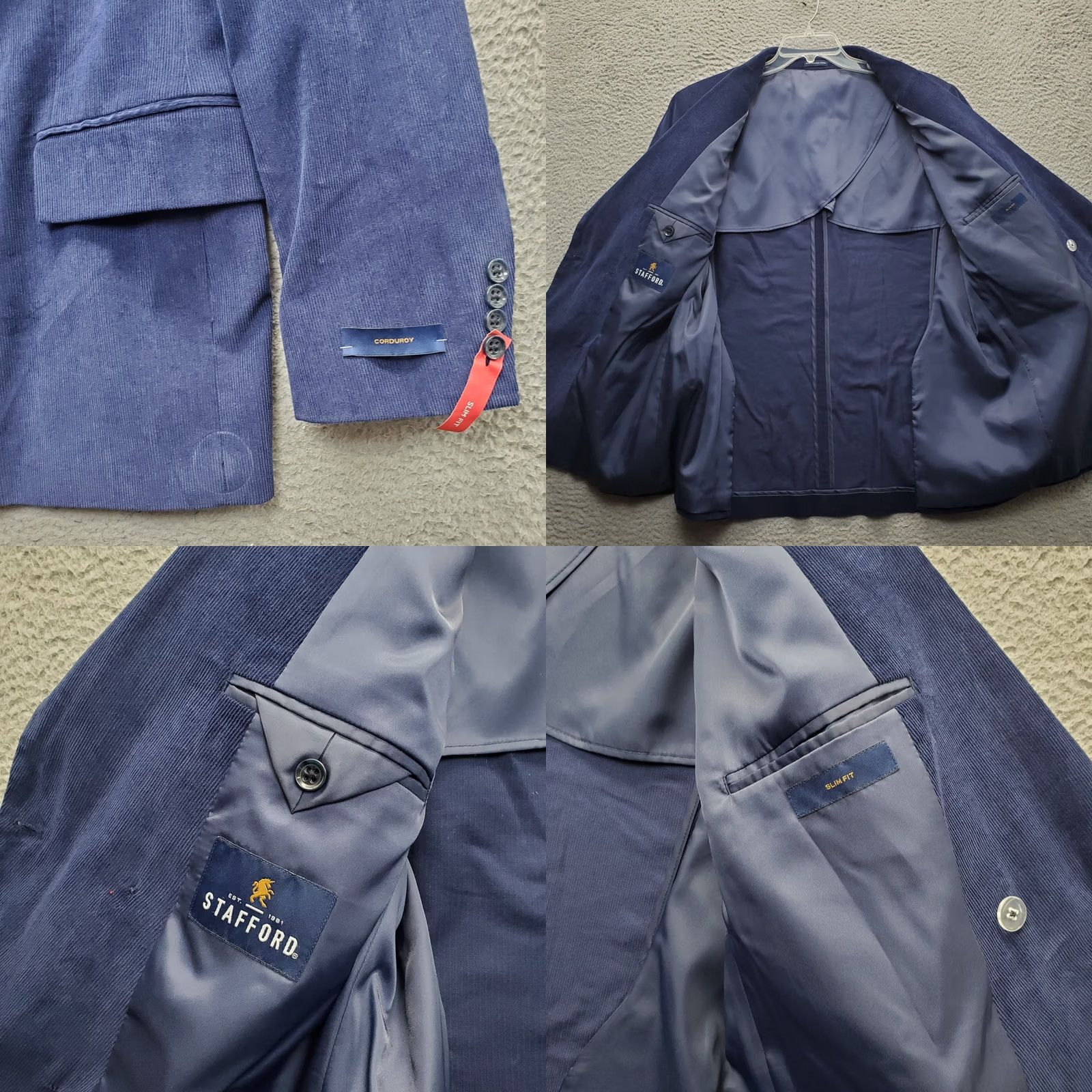 Stafford Stafford Navy Corduroy Blazer Mens 48 Slim Fit Double Breasted Peak Lapel Jacket Size 48R - 8 Thumbnail