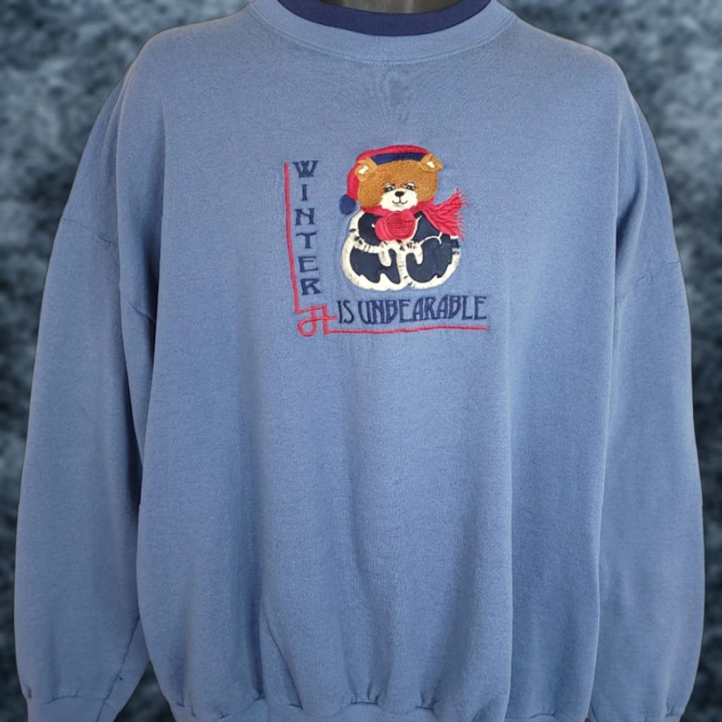 Vintage VINTAGE Unbearable Winter Sweatshirt Mens 3XL Blue Cotton Mix Embroidered 80s Christmas Teddy Bear Made In USA Winter Is Unbearable Mens 3XL Size US XXL / EU 58 / 5 - 1 Thumbnail