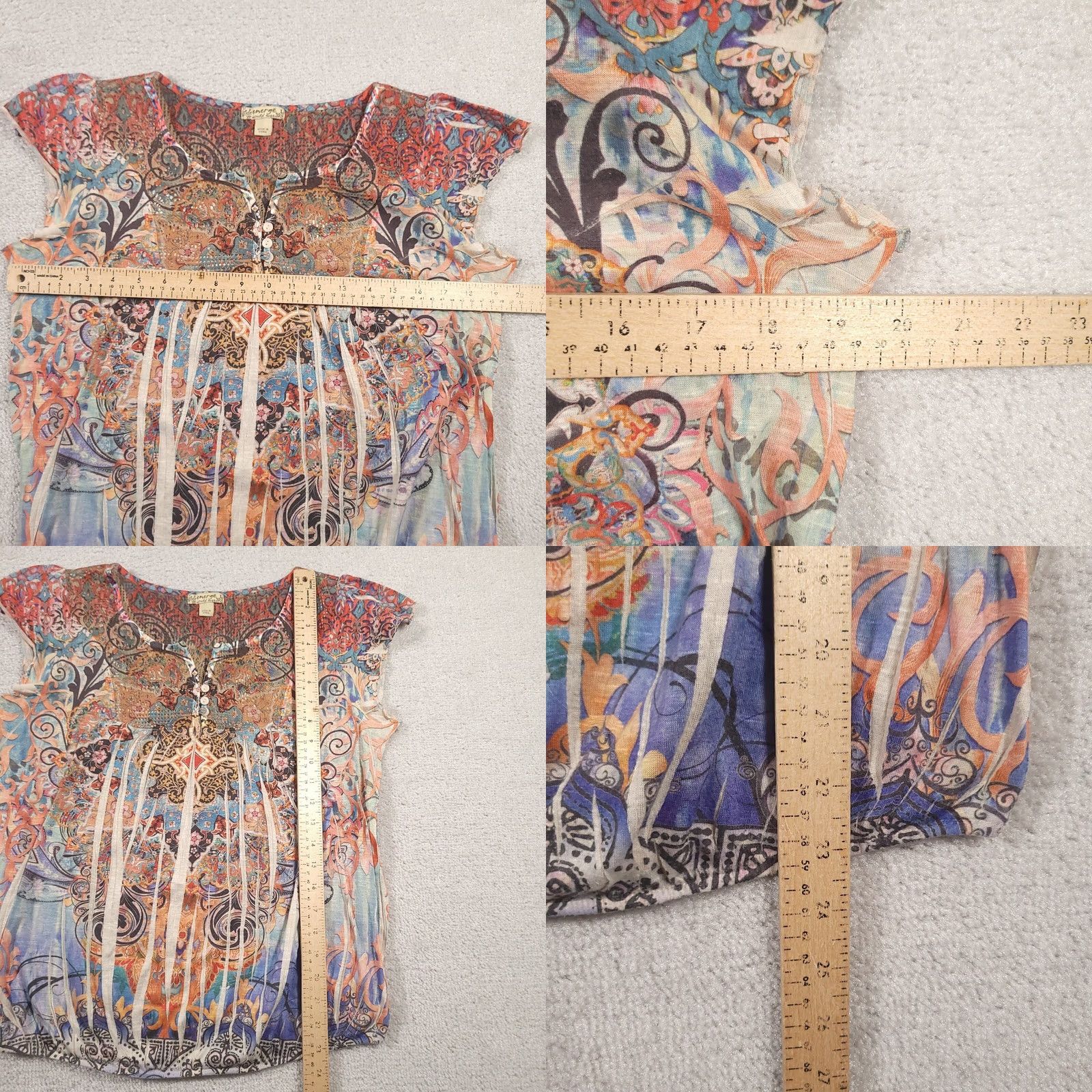 Vintage Energe World Wear Shirt Women's Large Floral Boho Henley Short Sleeve Shirt Size L / US 10 / IT 46 - 8 Thumbnail