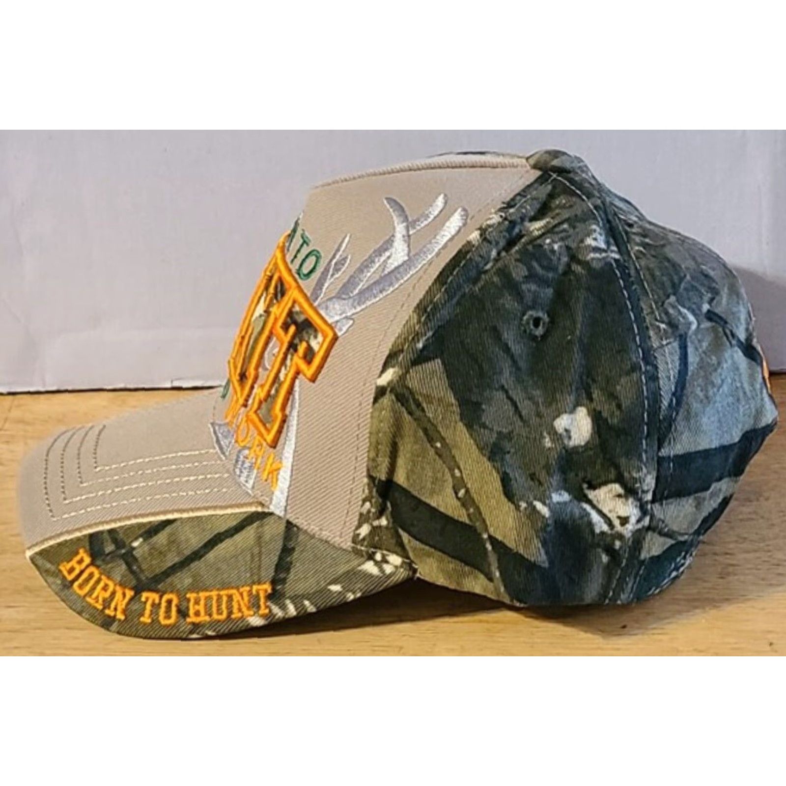 Born BORN TO HUNT FORCED TO WORK DEER HUNTER BASEBALL CAP ( BEIGE AND CAMOUFLAGE ) Size ONE SIZE - 2 Thumbnail