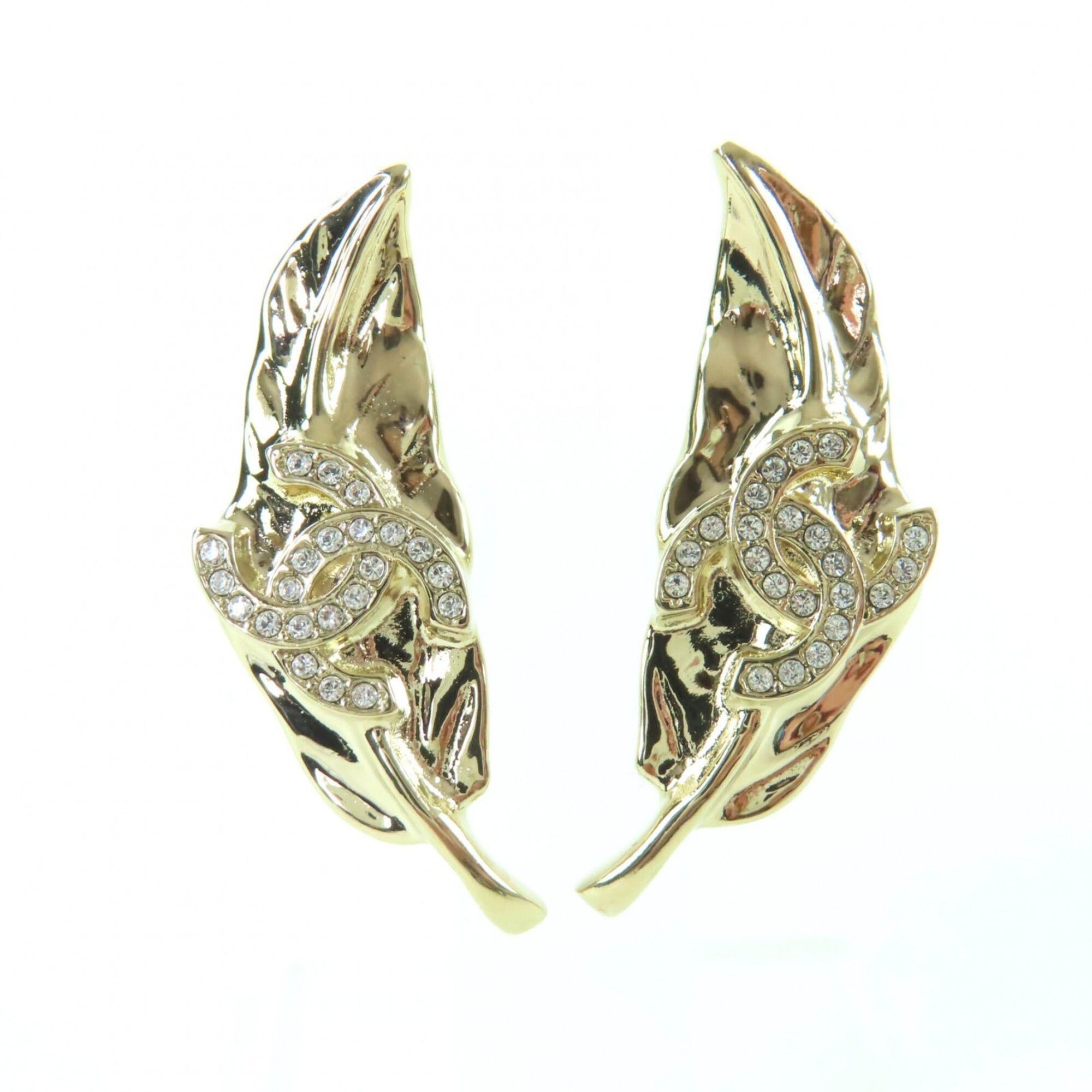 Chanel CHANEL I25A Coco Mark Leaf Design Rhinestone Earrings, Gold, Made in Italy, Women's Size ONE SIZE - 1 Thumbnail
