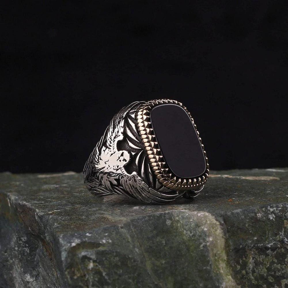 Designer Men's Golden Black Eagle Big Retro Silver Ring - Size 6 Size ONE SIZE - 8 Thumbnail