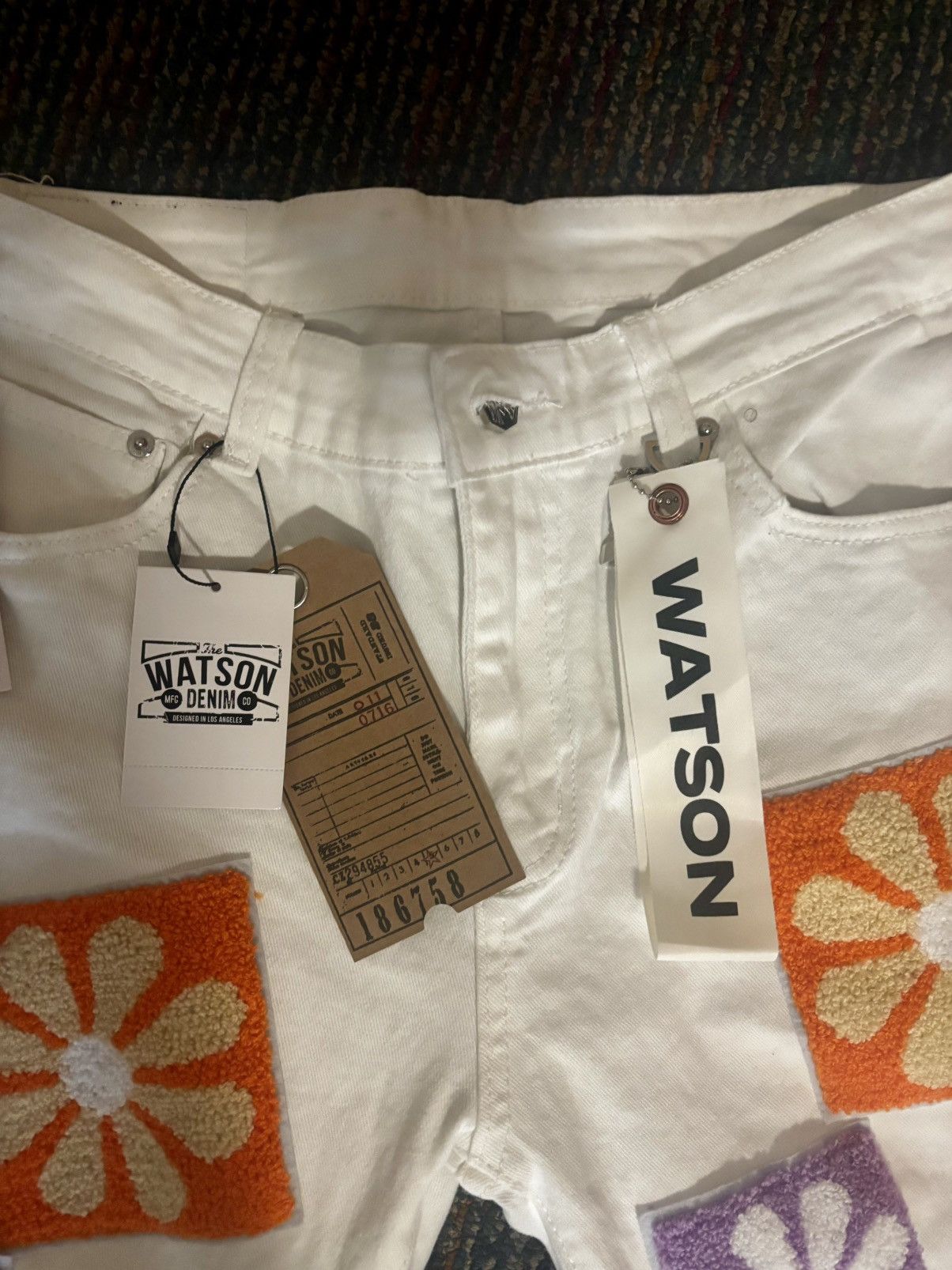 Watson denim CHENILLE FLOWER STACKED PANTS
