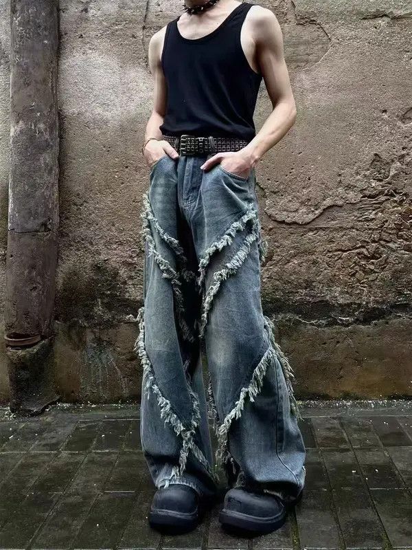 Japanese Brand VIBE Vintage fringe patchwork design wide leg baggy jeans Size US 34 / EU 50 - 7 Thumbnail