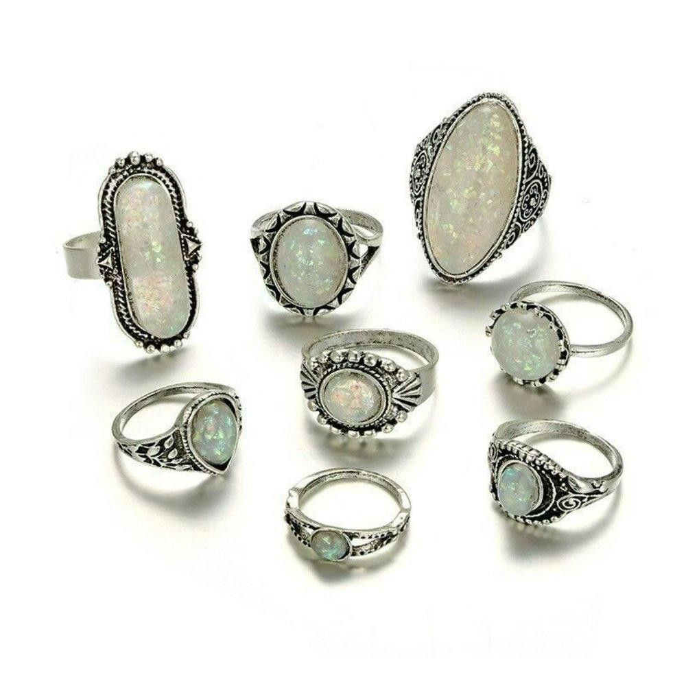 Designer 8pcs Vintage White Opal Antique Silver Ring Set Size ONE SIZE - 9 Thumbnail