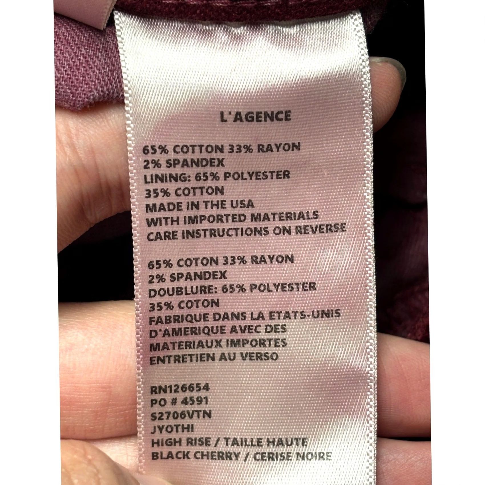 L'AGENCE L'AGENCE Jyothi High Rise Velvet Pants Black Cherry Burgundy Size 29X30 Womens Size 29" - 4 Thumbnail