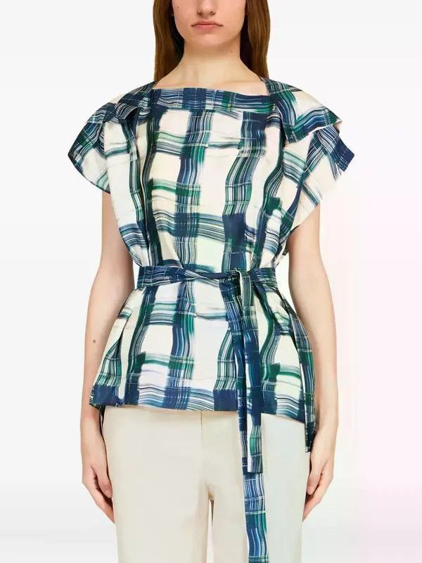 Salvatore Ferragamo o1s1rm0426 Plaid Belted Blouse in Blue/White Size L / US 10 / IT 46 - 3 Thumbnail