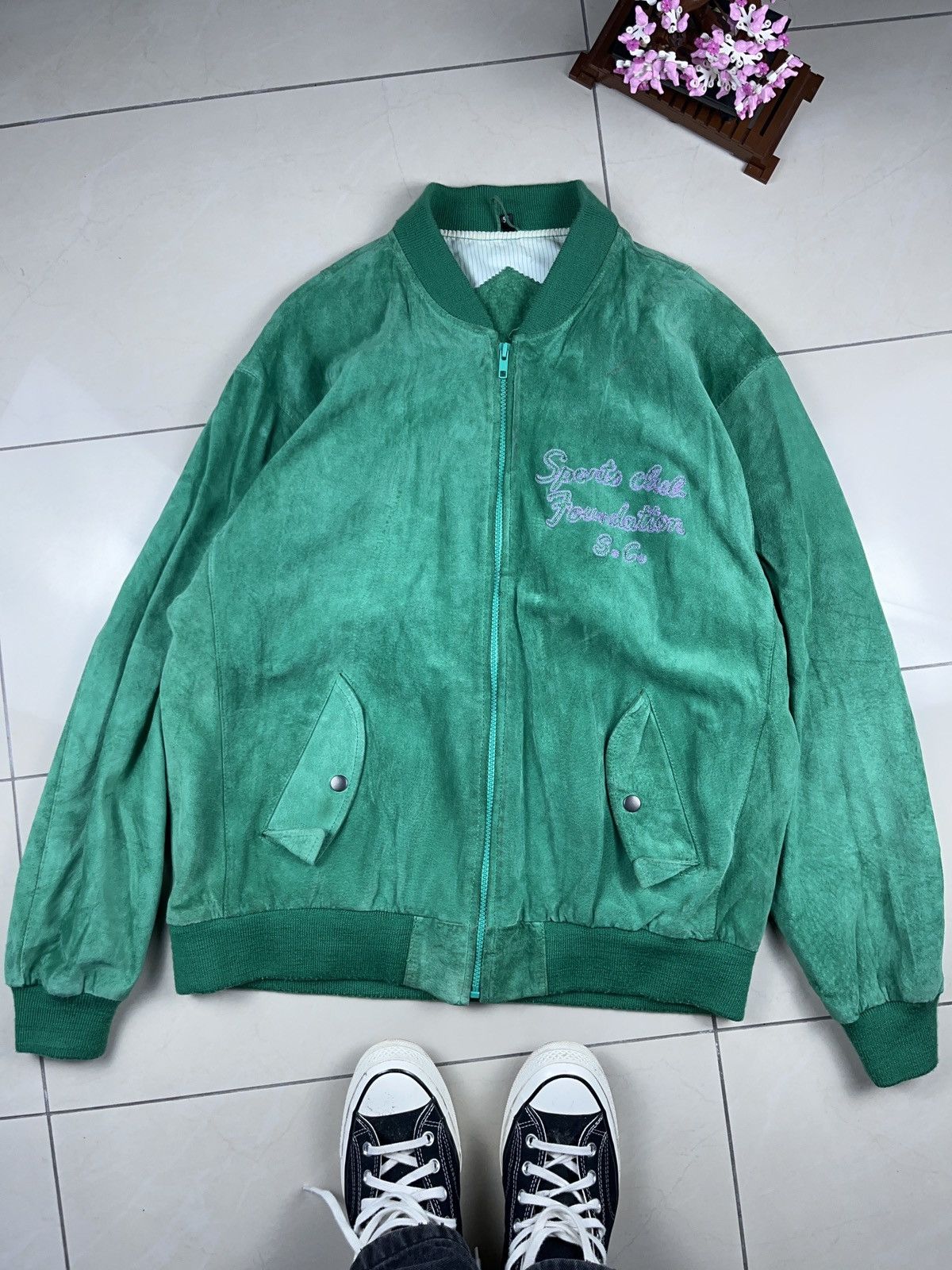 Other ➕ vintage 90s suede genuine leather green jacket chain stitc Size US XL / EU 56 / 4 - 2 Thumbnail