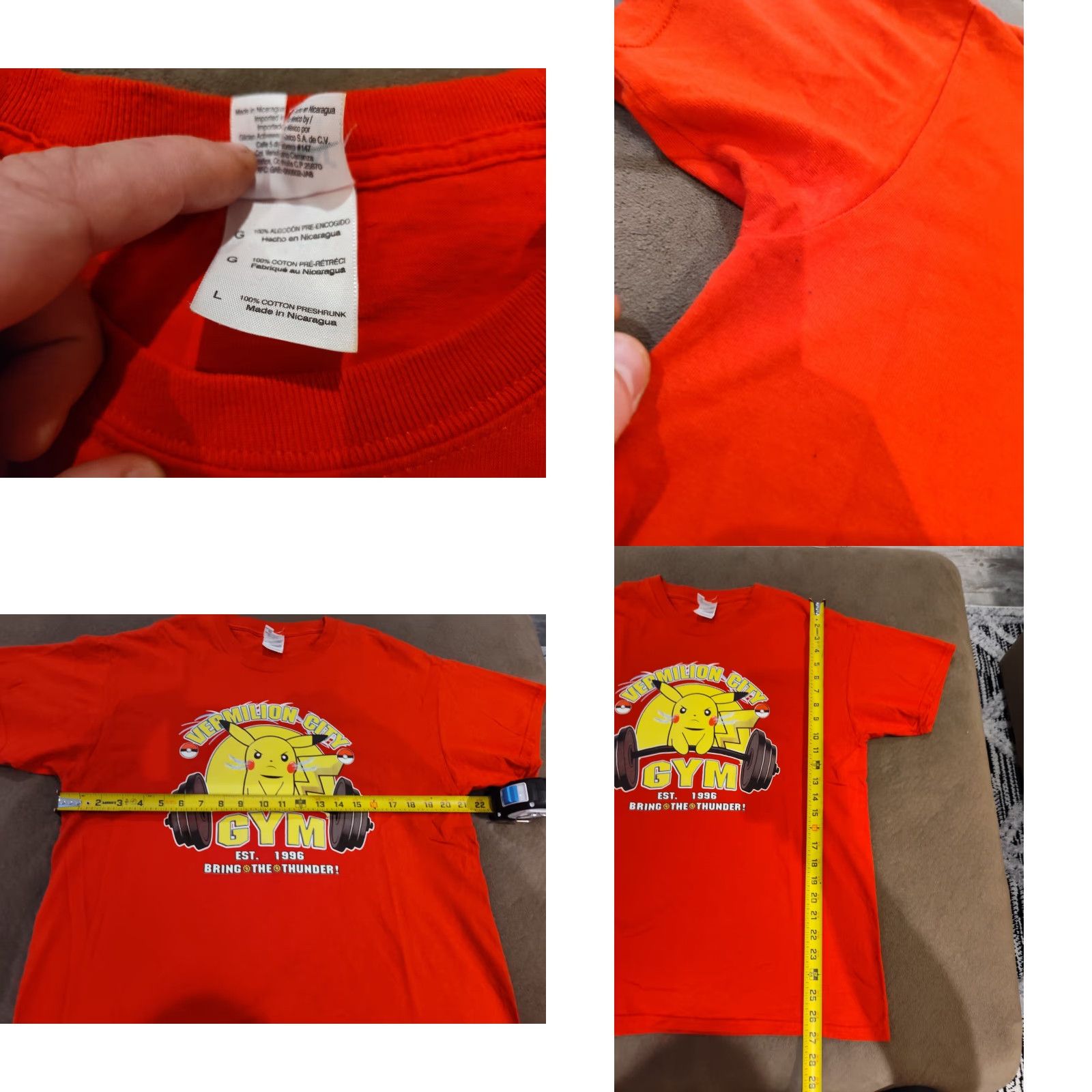 Gildan Pikachu T-Shirt Pikachu Vermilion City Gym Est 1996 Bring The Thunder Red Tee Shirt Size L Mens Gildan Cotton Graphic Print Short Sleeve Vintage No Size US L / EU 52-54 / 3 - 8 Thumbnail