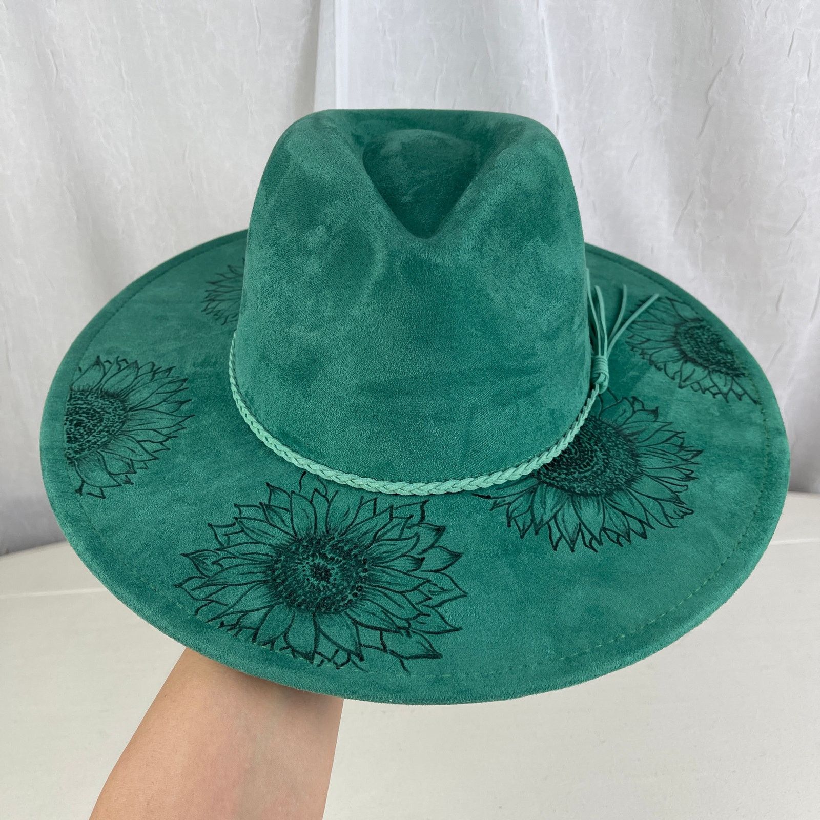 Handmade Green Faux Suede Wide Flat Brim Hat Sunflowers ADJUSTABLE SZ Size ONE SIZE - 1 Thumbnail