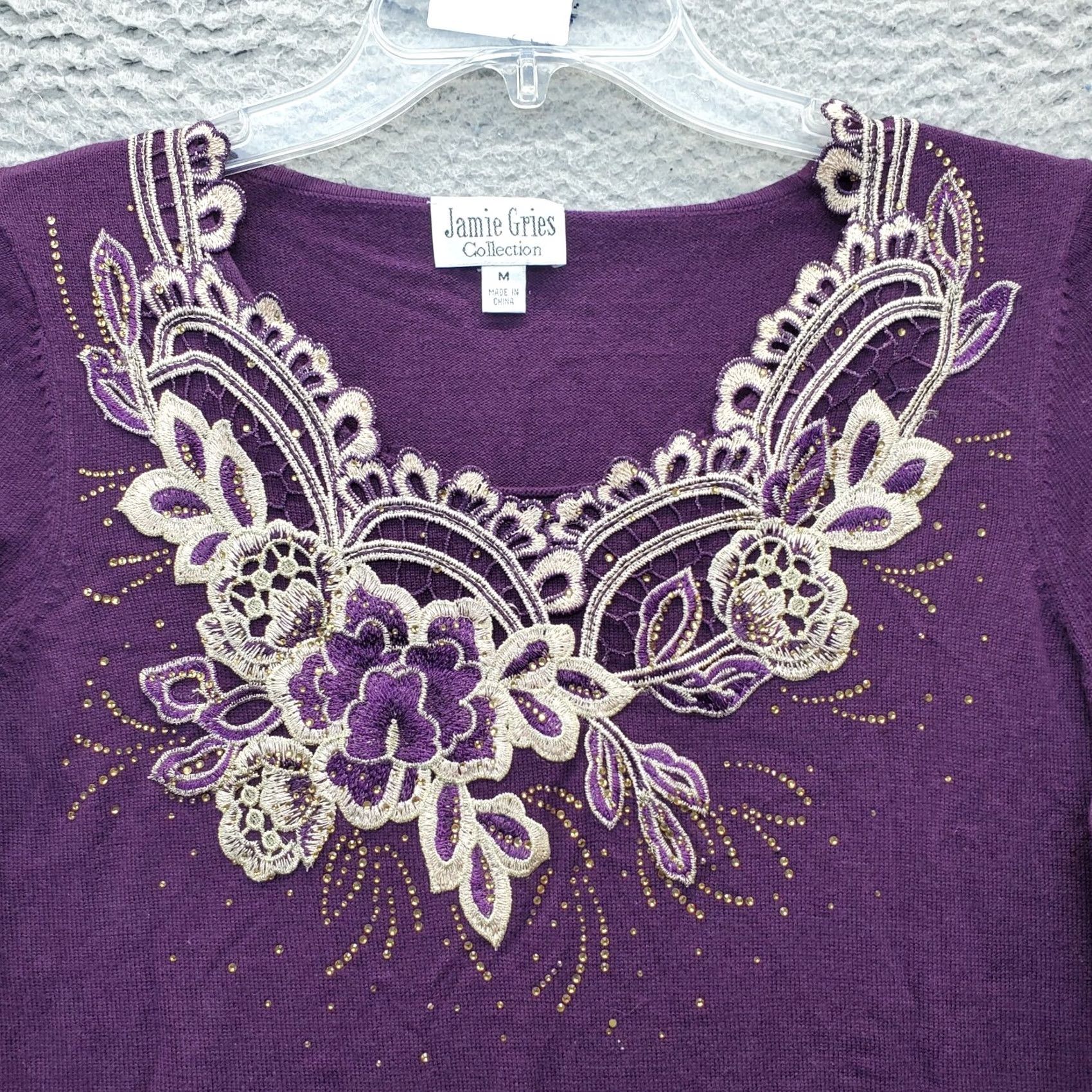 Vintage Jamie Gries Sweater Women's M Purple Knit Beaded Embroidered Pullover Size M / US 6-8 / IT 42-44 - 3 Thumbnail
