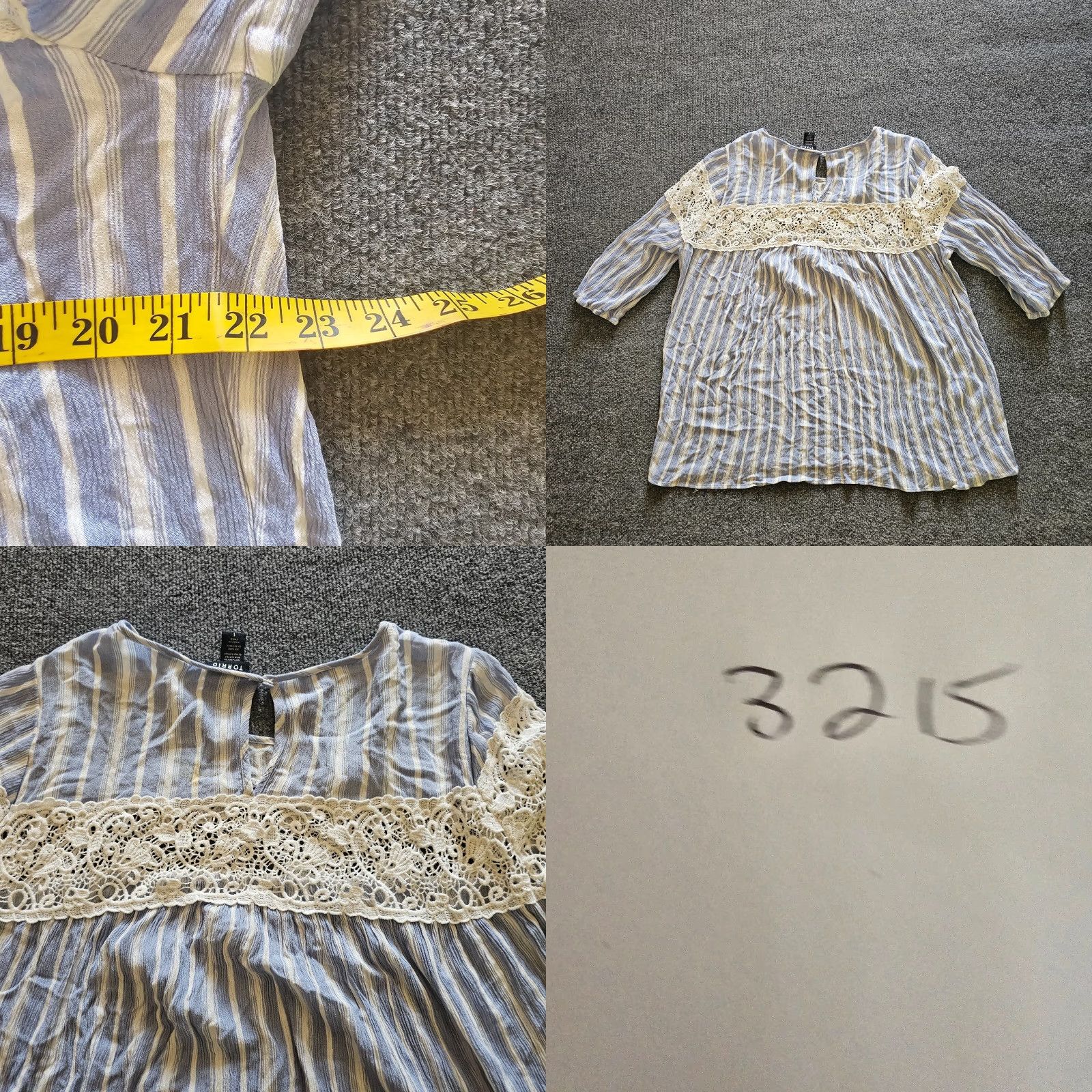 Torrid Torrid Top Womens 1X Blue White Striped Crochet Trim 3/4 Sleeve Boho Casual Shirt Size XL / US 12-14 / IT 48-50 - 8 Thumbnail