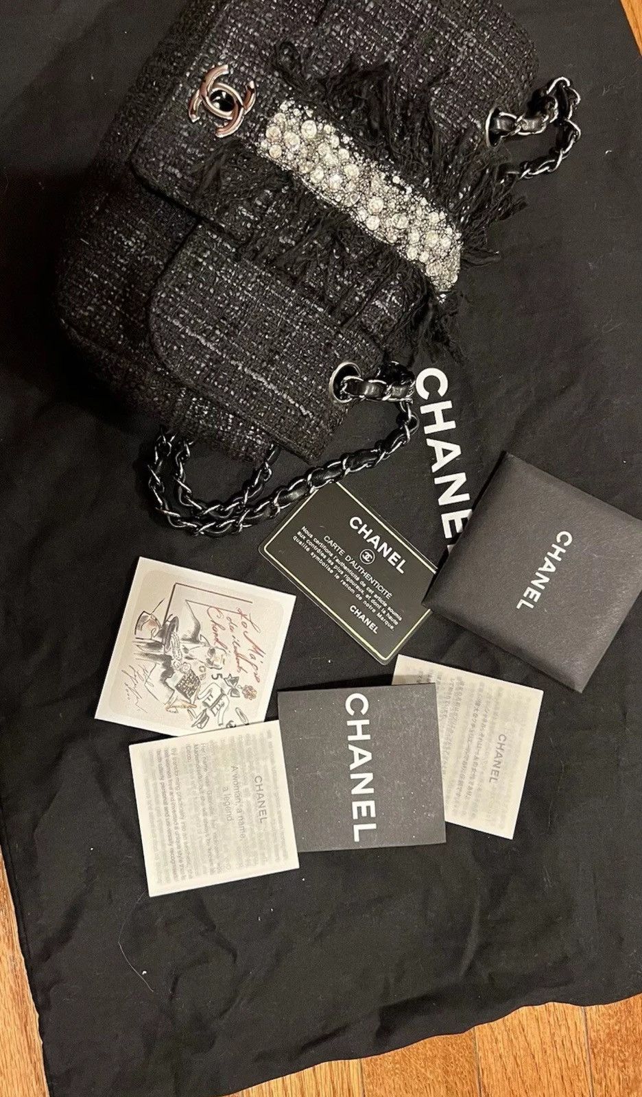 Chanel Chanel Vintage Tweed Fringle Flap Bag Black Rhinestone Size ONE SIZE - 9 Thumbnail