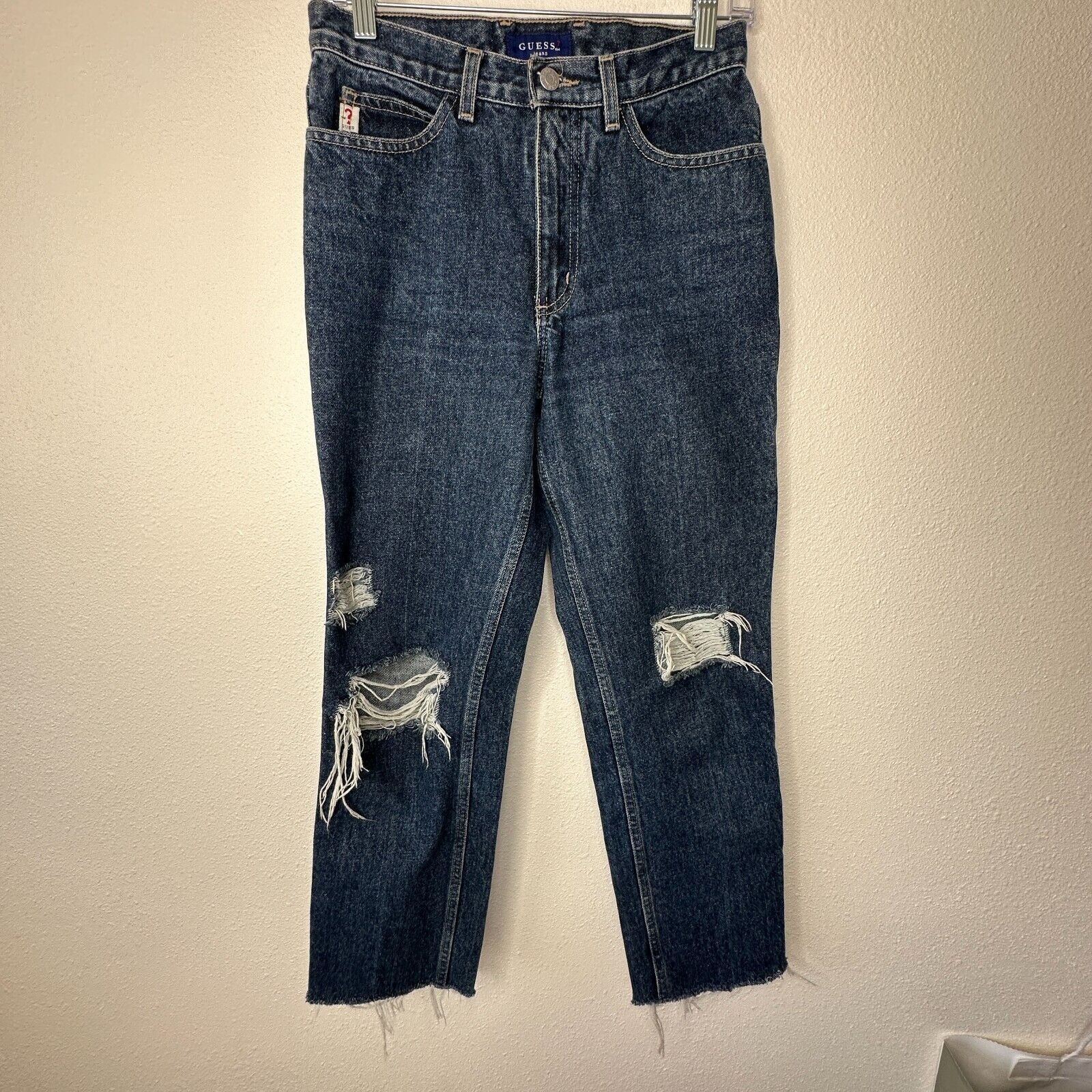 Guess Guess Dark Blue Wash Distressed Slim Leg Raw Hem Denim Jeans Size 28" / US 6 / IT 42 - 2 Thumbnail