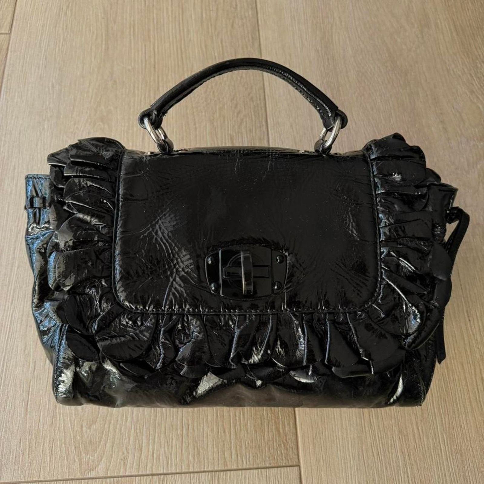 Miu Miu Miu Miu Patent Leather Ruffle Handbag Black Y2K Size ONE SIZE - 5 Thumbnail