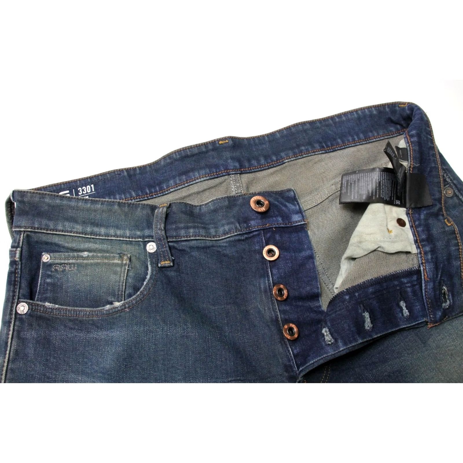 G-Star G-STAR 3301 Slim Jeans Men's W34/L32 Button Fly Whiskers Faded Denim Blue Size US 34 / EU 50 - 4 Thumbnail