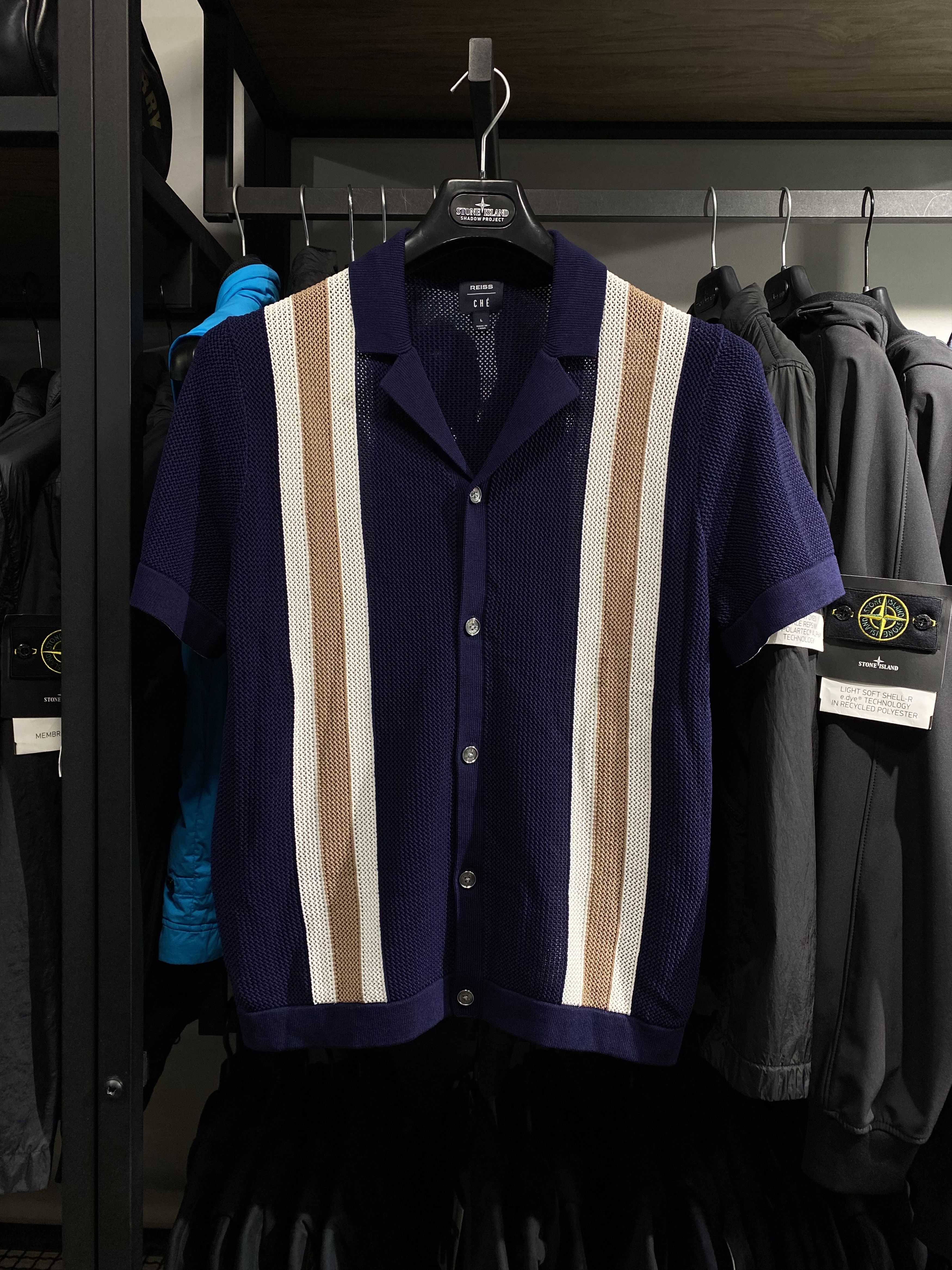REISS CHÉ KNITTED CONTRAST STRIPE CUBAN COLLAR SHIRT