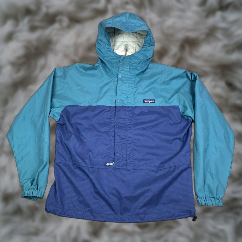 VINTAGE Patagonia Jacket Mens M Pneumatic Pullover Hooded 1/4 Zip Teal Blue 90s Windbreaker Outdoor Coat