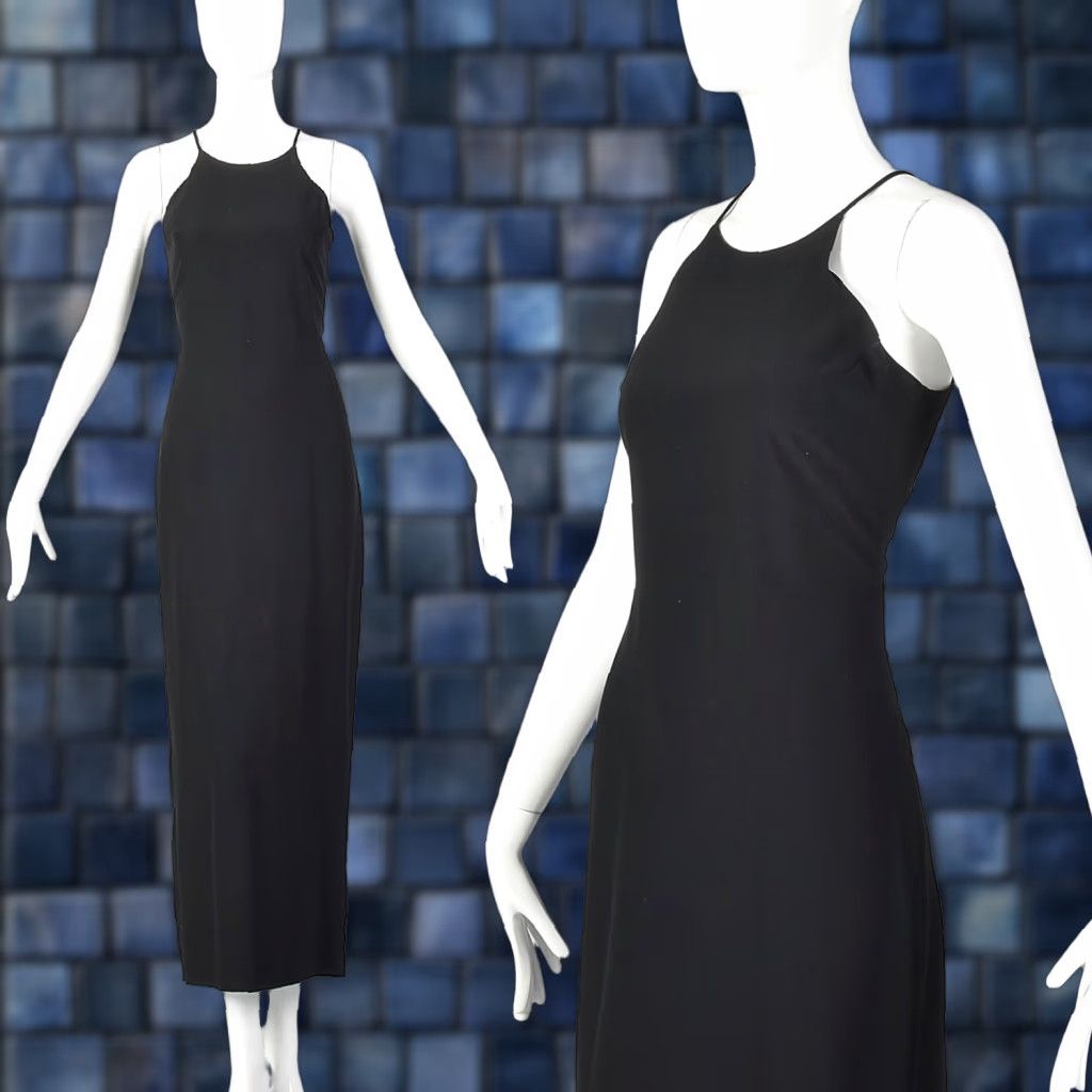 VINTAGE Tempo Maxi Dress Black Sleeveless 1990s Women’s Small 6 Polymicrofiber Back Zip Prom Goth Velvet VTG Mens?