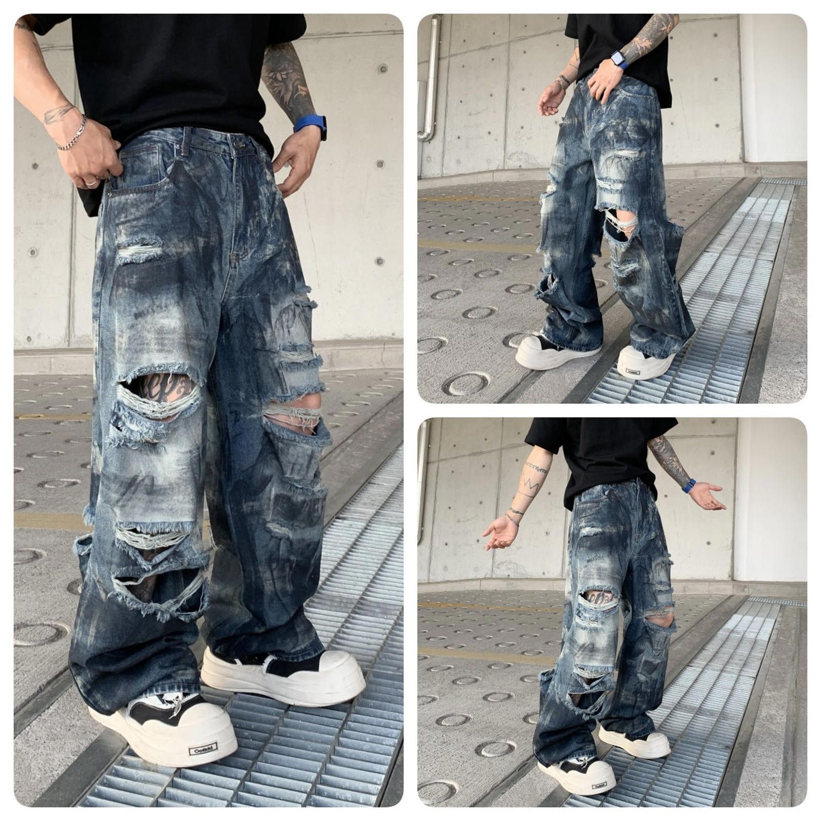 Japanese Brand Distressed Baggy Wide Leg Denim Jeans, Ripped Jeans Size US 30 / EU 46 - 4 Thumbnail