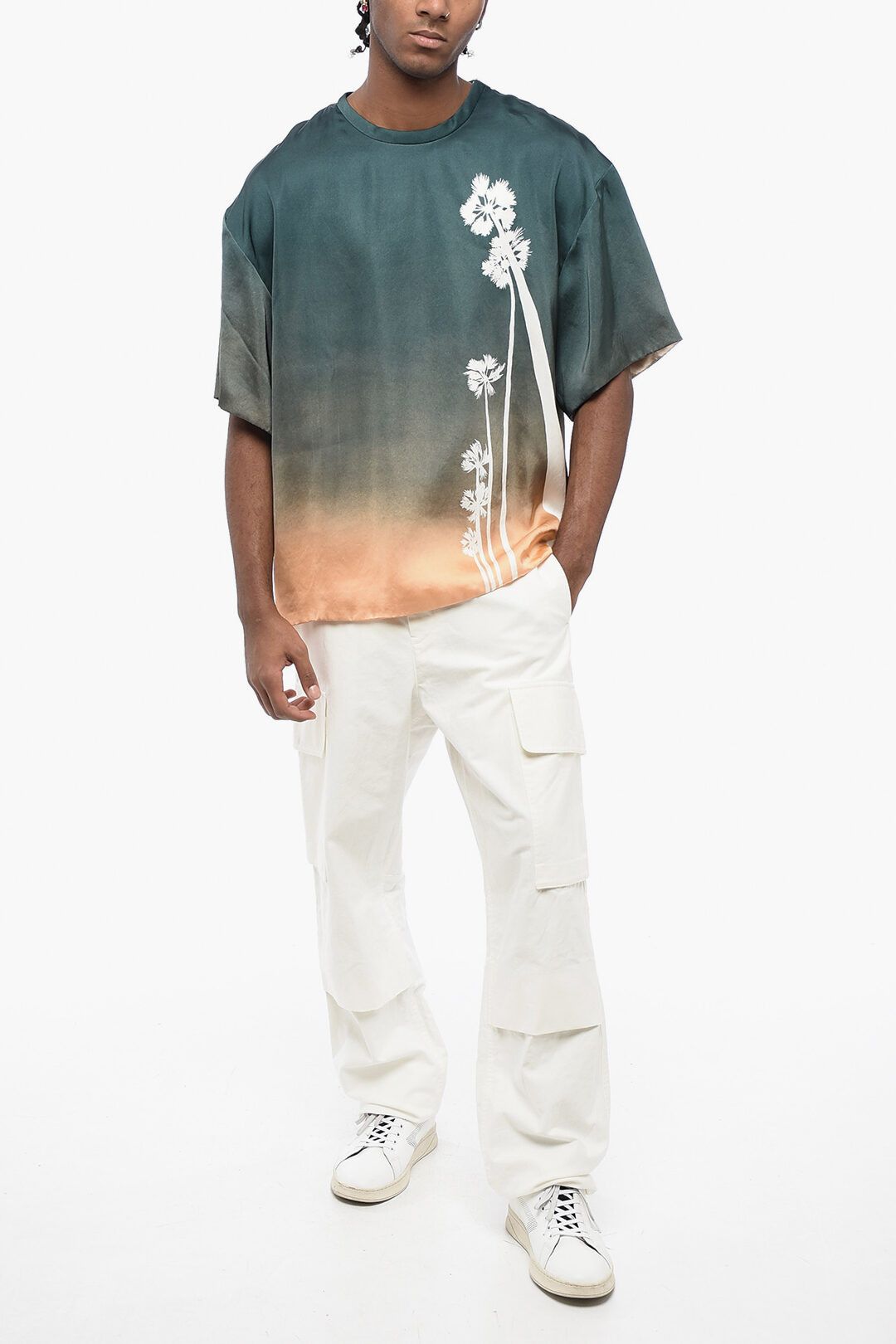 Jil Sander og1mm0625 Printed Satin Palm T-Shirt in Green Size US M / EU 48-50 / 2 - 4 Thumbnail