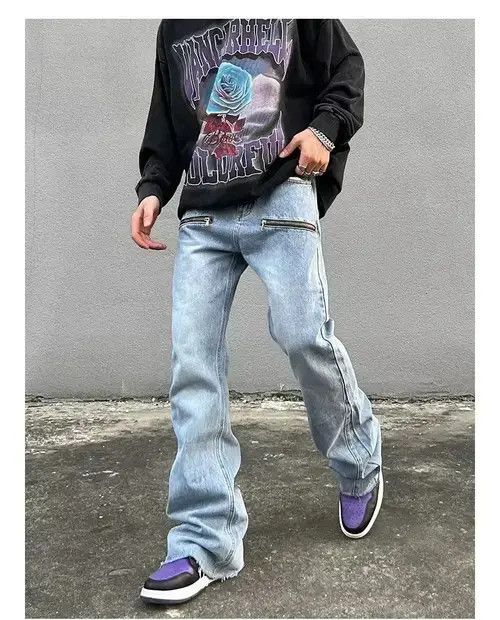 Other Vibe Style Zipper Retro Washed Baggy Men Flare Jeans Size US 36 / EU 52 - 1 Thumbnail