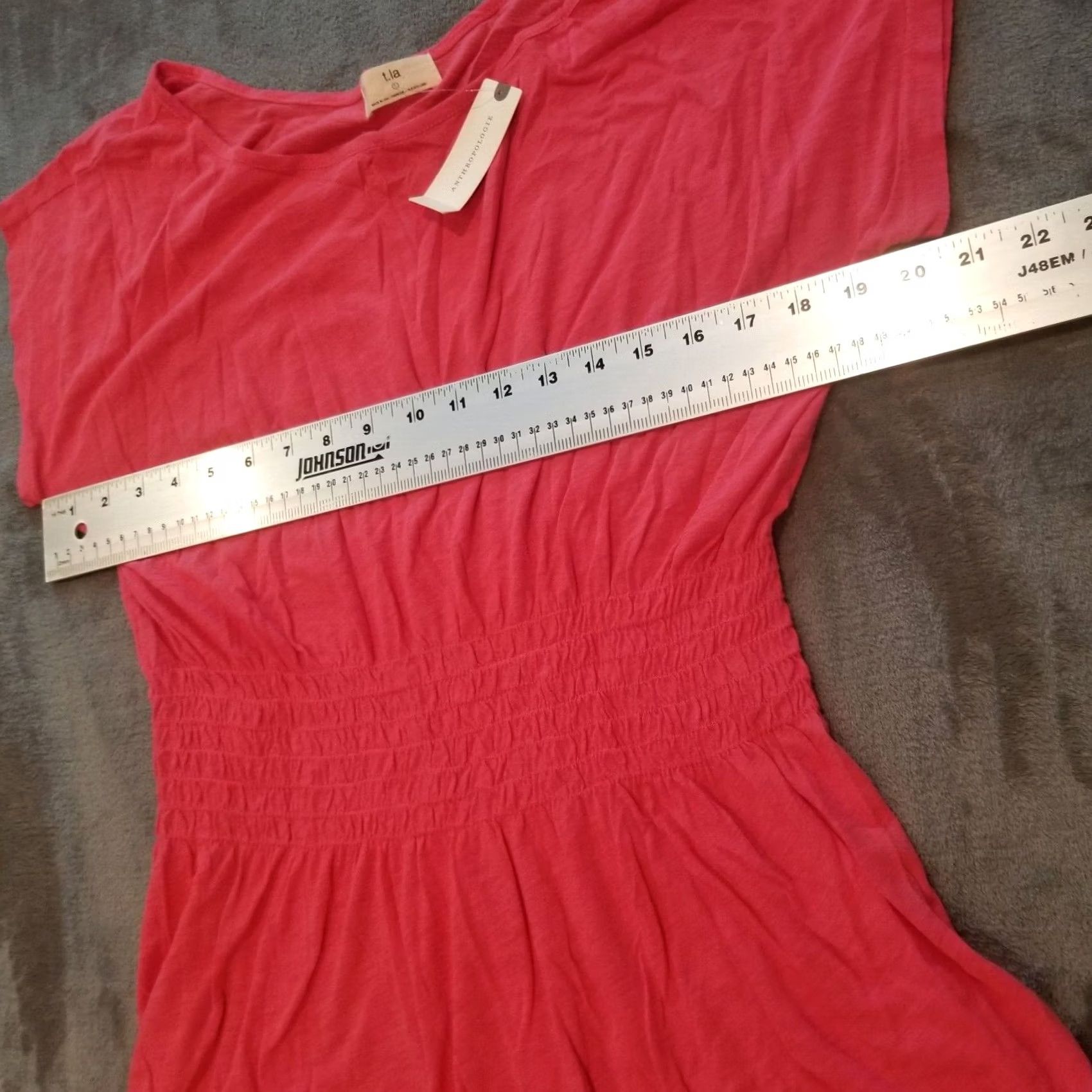Anthropologie Anthropologie T. La Women's Shirred Waist Blouse Shirt L Pink Red Solid Short Sleeve Buy New with Tags Size L / US 10 / IT 46 - 7 Thumbnail