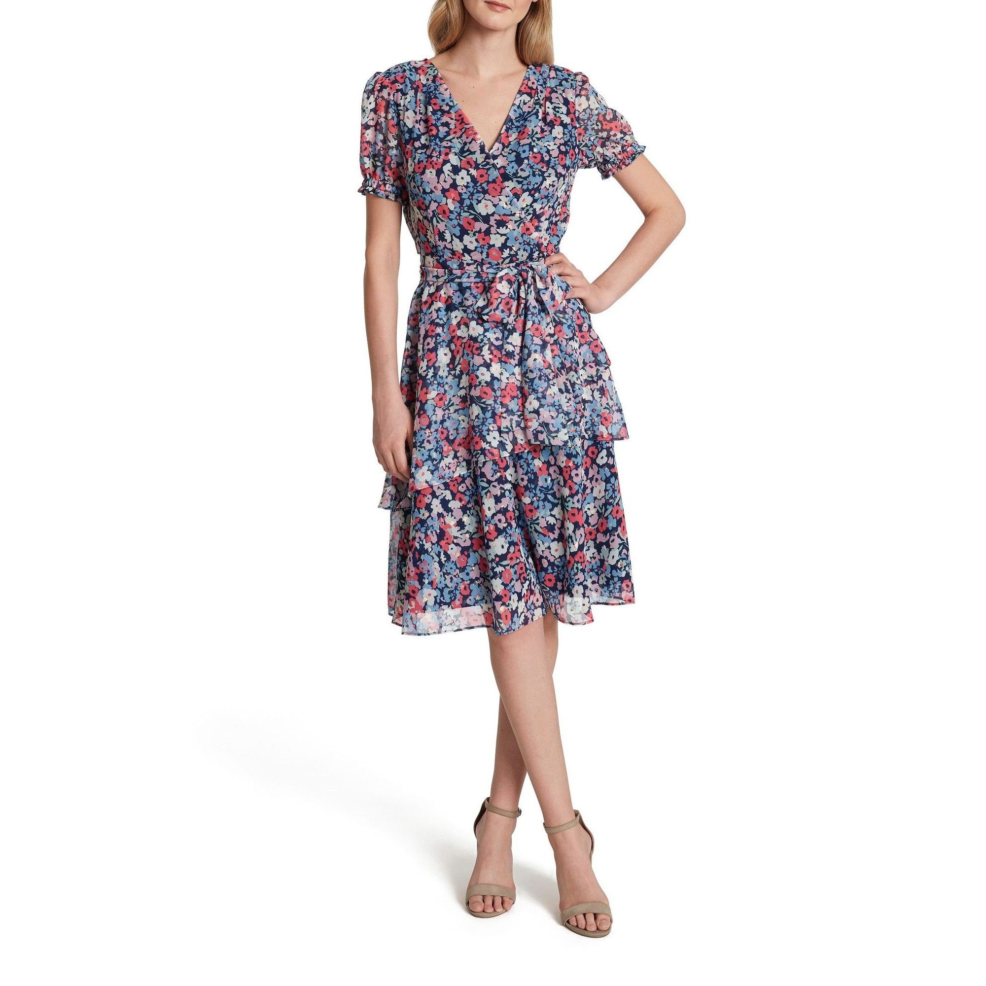 Elie Tahari Tahari Womens Navy Vneck Short Sleeve Tiered Dress NEW 2 Size XS / US 0-2 / IT 36-38 - 1 Thumbnail
