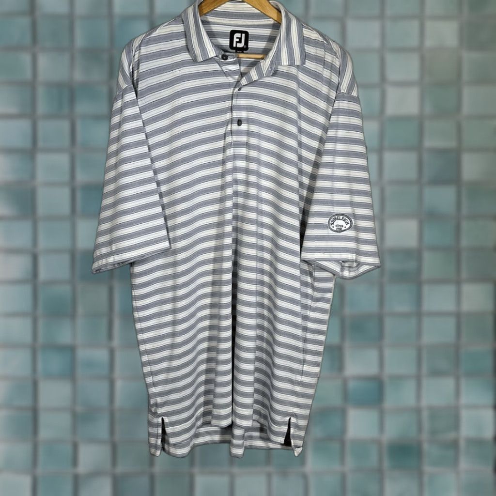 Footjoy FootJoy Polo Mens XL Striped Gray Blue Lisle Golf Stoneleigh on Sleeve Size US XL / EU 56 / 4 - 1 Thumbnail