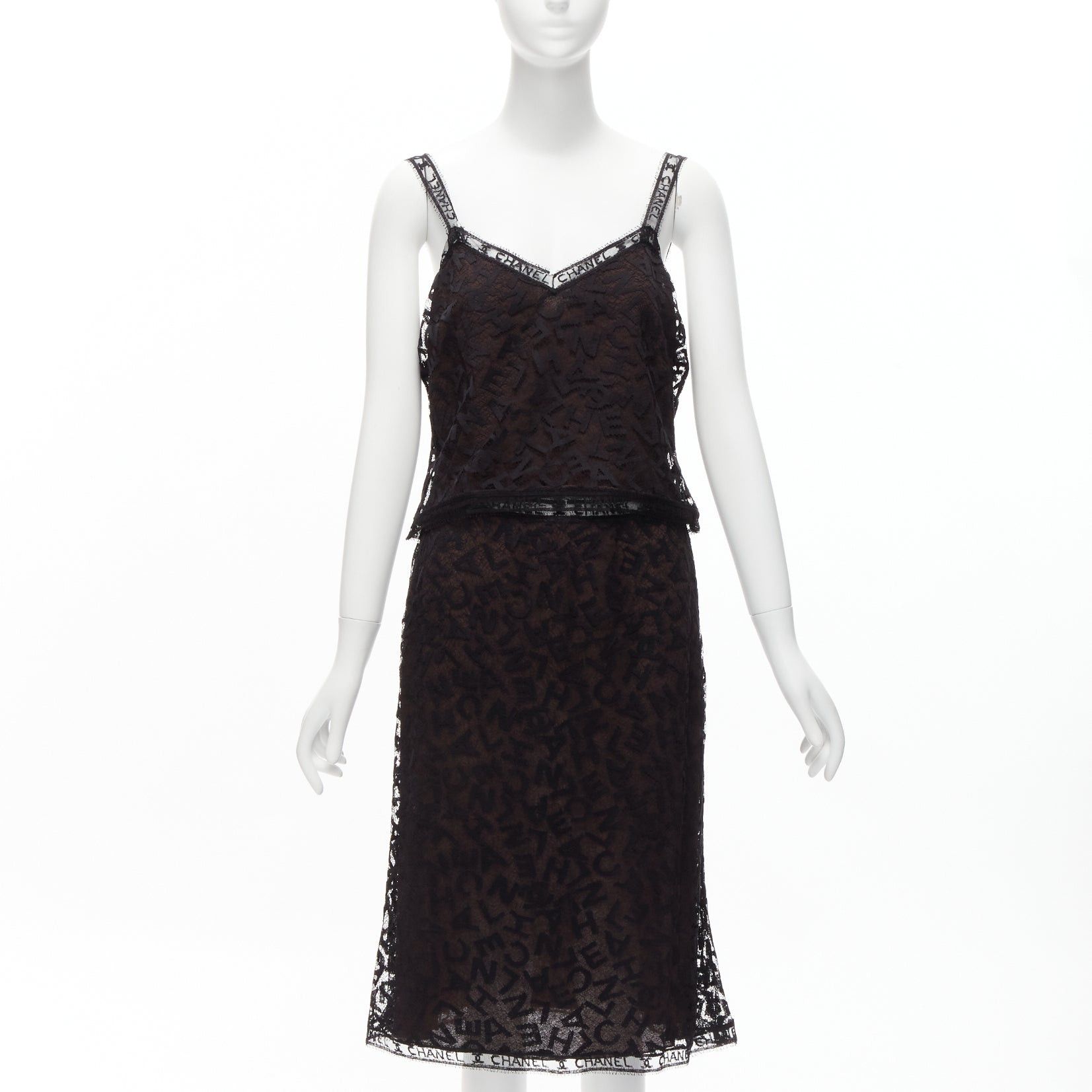 Chanel rare CHANEL 98A Karl Lagerfeld Runway Vintage black CC logo lace cami skirt set FR40 L Size M / US 6-8 / IT 42-44 - 1 Thumbnail