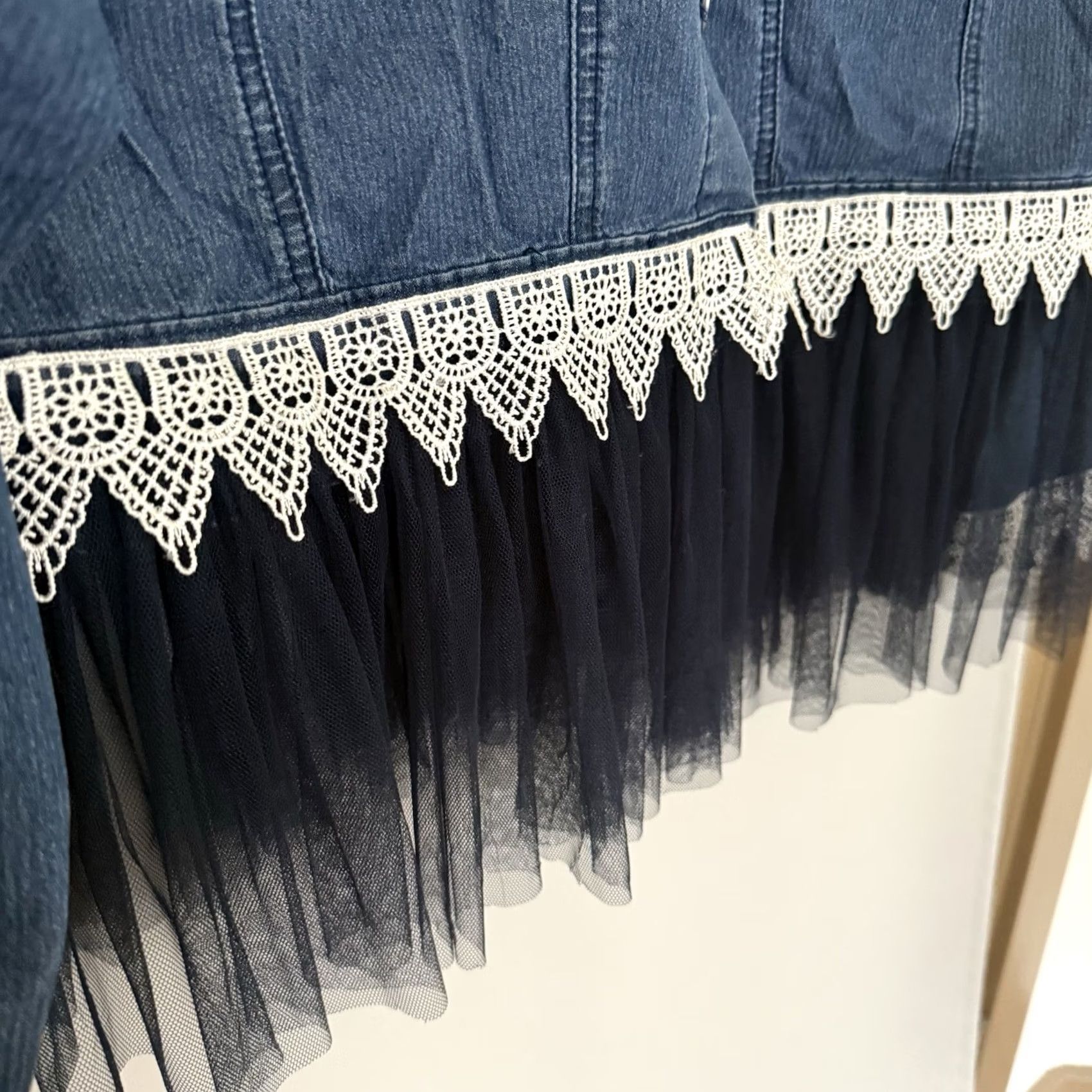 Denim Sheer Flower Petals Jacket – Blu Jean Blues Philosophy Jacket Denim Floral Appliqué Tulle Blue XL Womens Bohemian Casual Short Button Collared Lightweight Fall Winter Spring Summer